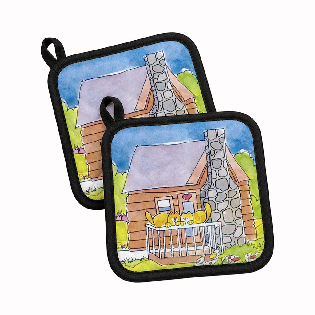 Cat Love at the Log Cabin  Pot Holder Set of 2 Heat Resistant Quilted Hot Pads 7.5 x 7.5 Inch, Insulated Kitchen Trivets for Cooking & Baking