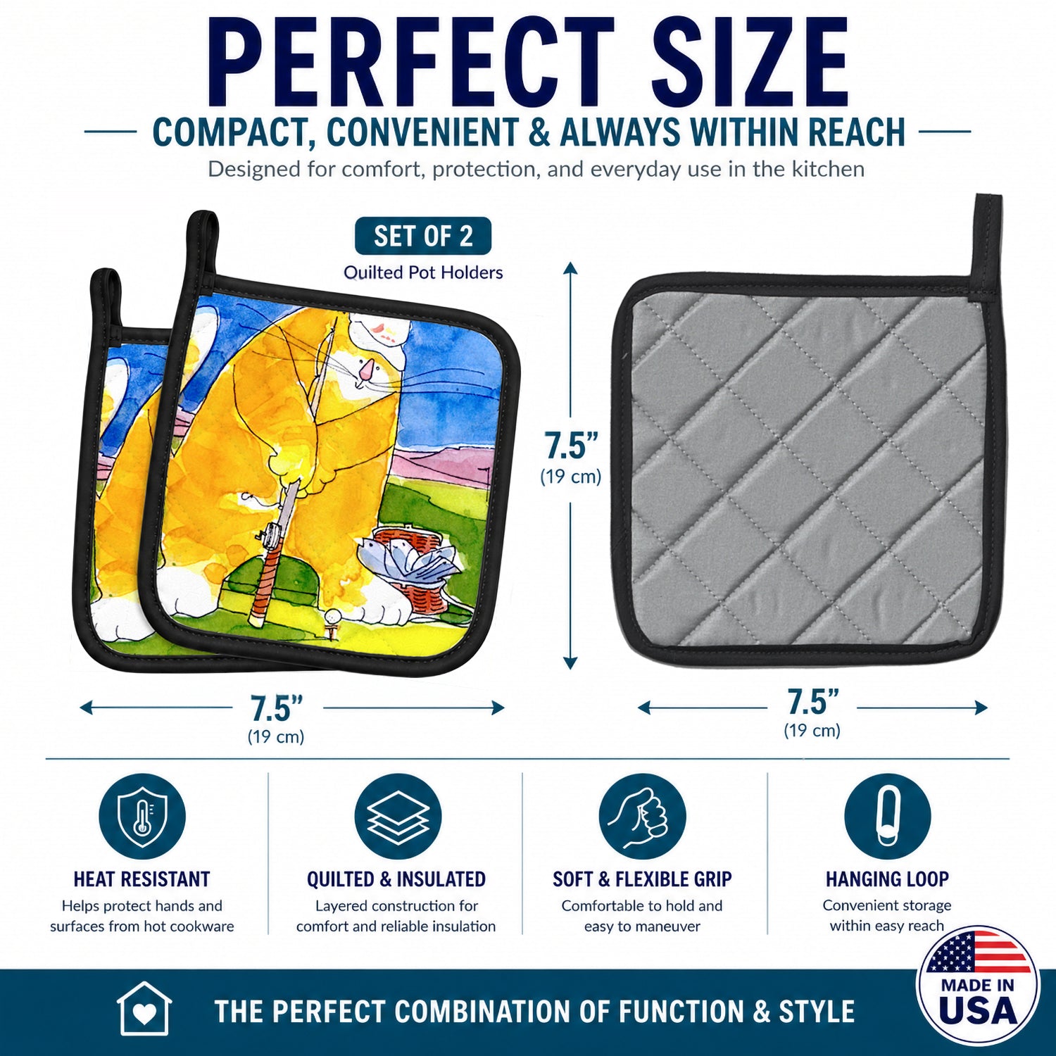 Big Cat golfing with a fishing pole  Pot Holder Set of 2 Heat Resistant Quilted Hot Pads 7.5 x 7.5 Inch, Insulated Kitchen Trivets for Cooking & Baking