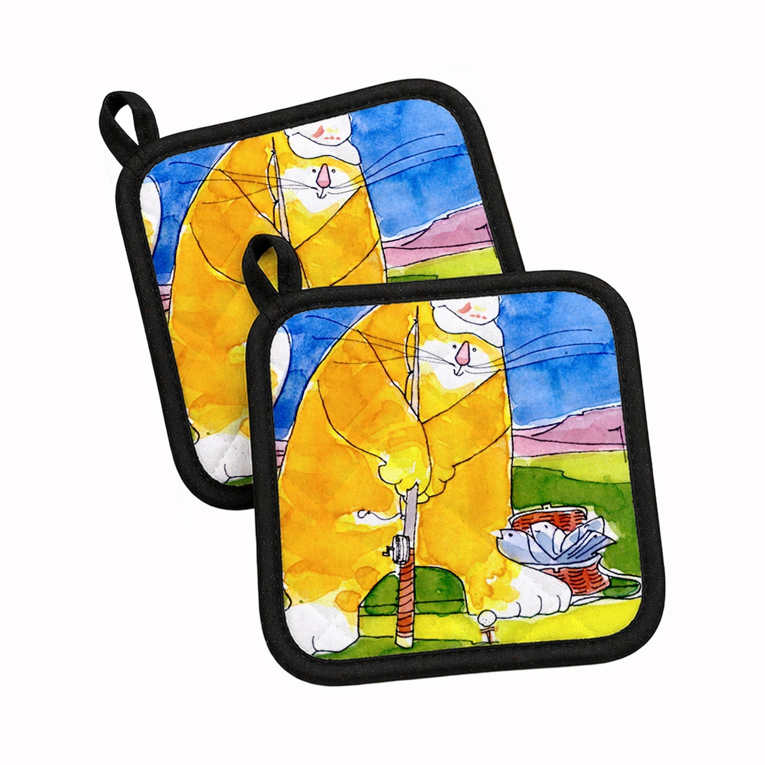 Big Cat golfing with a fishing pole  Pot Holder Set of 2 Heat Resistant Quilted Hot Pads 7.5 x 7.5 Inch, Insulated Kitchen Trivets for Cooking & Baking