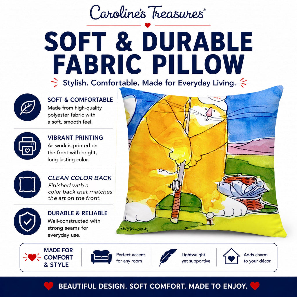 Big Cat golfing with a fishing pole  Decorative Throw Pillow 14x14 Indoor Outdoor Accent Cushion, Fabric Cover with Insert for Sofa, Bed, Porch & Living Room