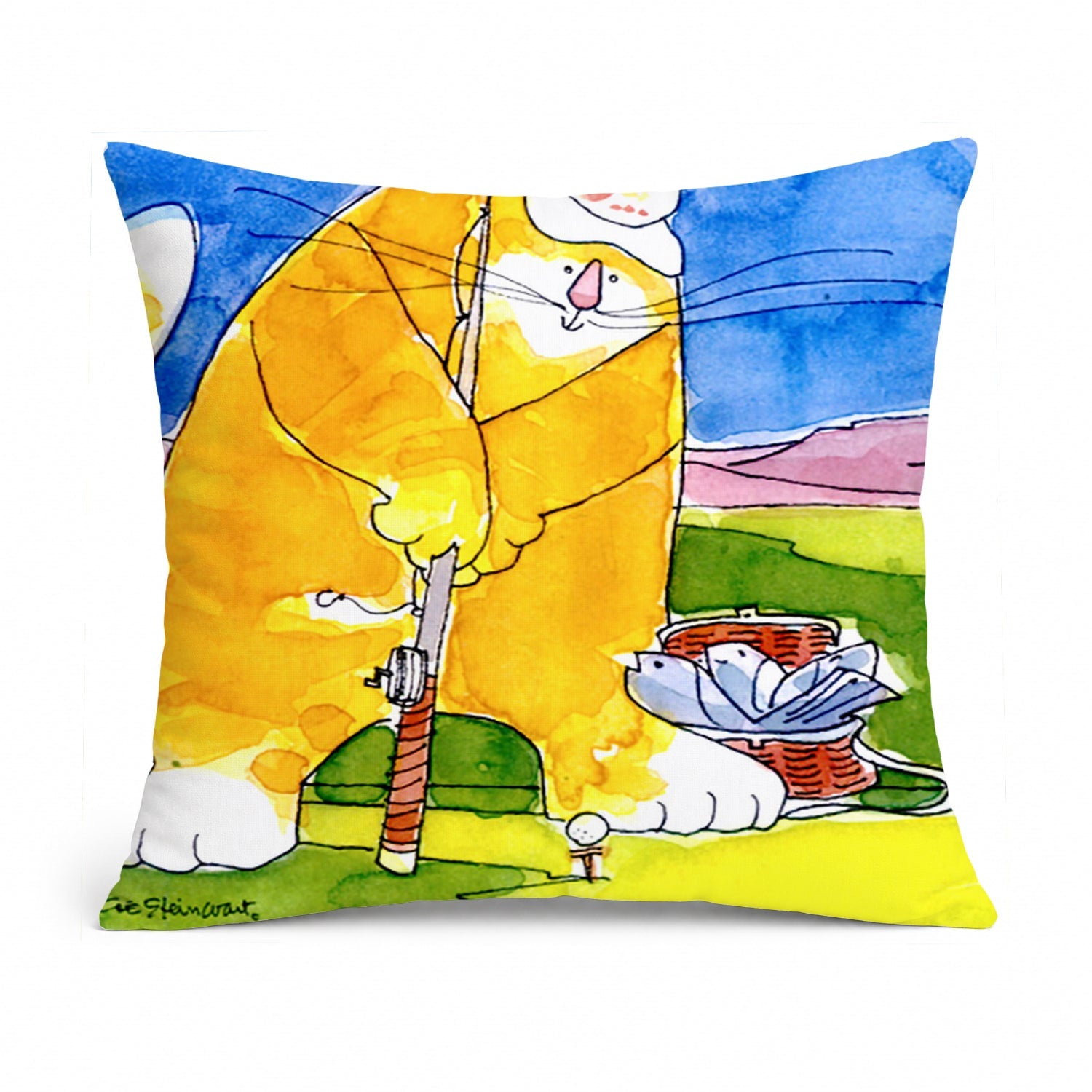 Big Cat golfing with a fishing pole  Decorative Throw Pillow 14x14 Indoor Outdoor Accent Cushion, Fabric Cover with Insert for Sofa, Bed, Porch & Living Room