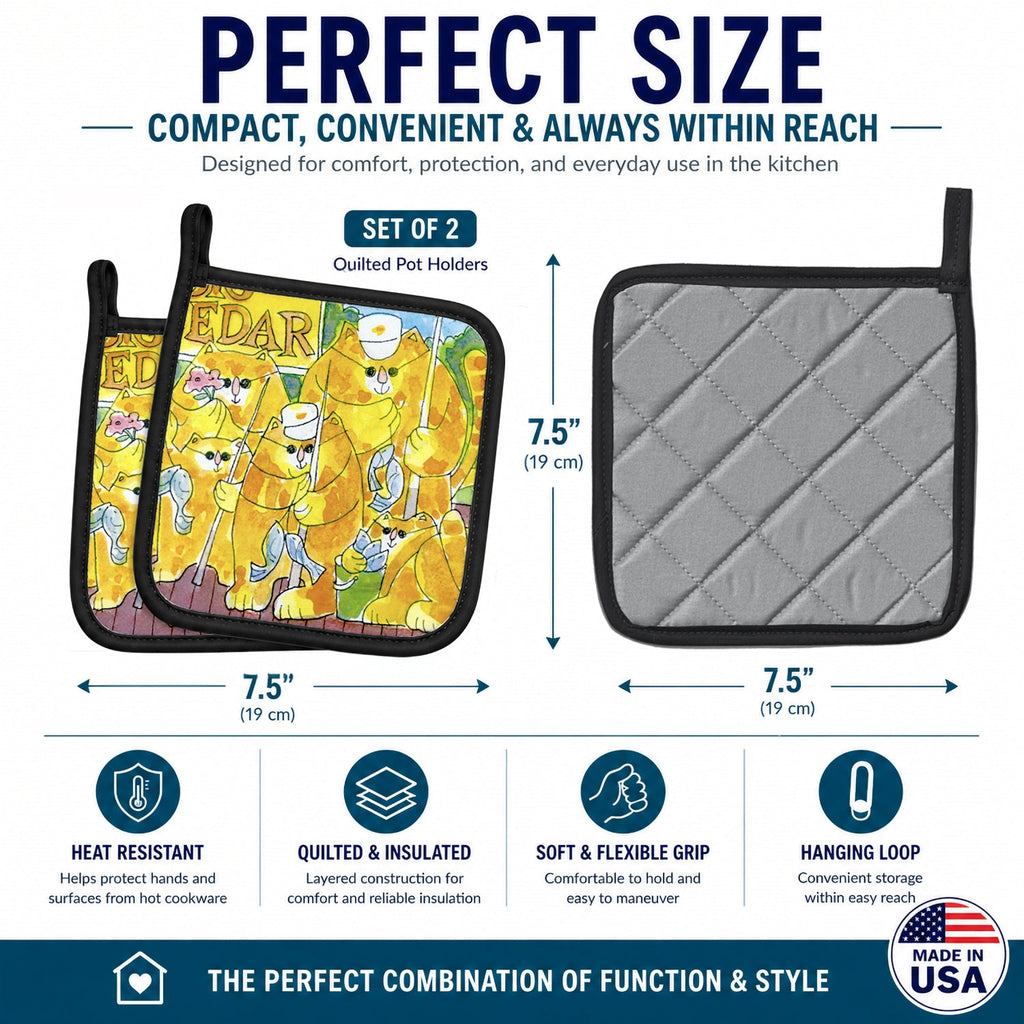 Orange Tabby Fishing Cats Pot Holder Set of 2 Heat Resistant Quilted Hot Pads 7.5 x 7.5 Inch, Insulated Kitchen Trivets for Cooking & Baking