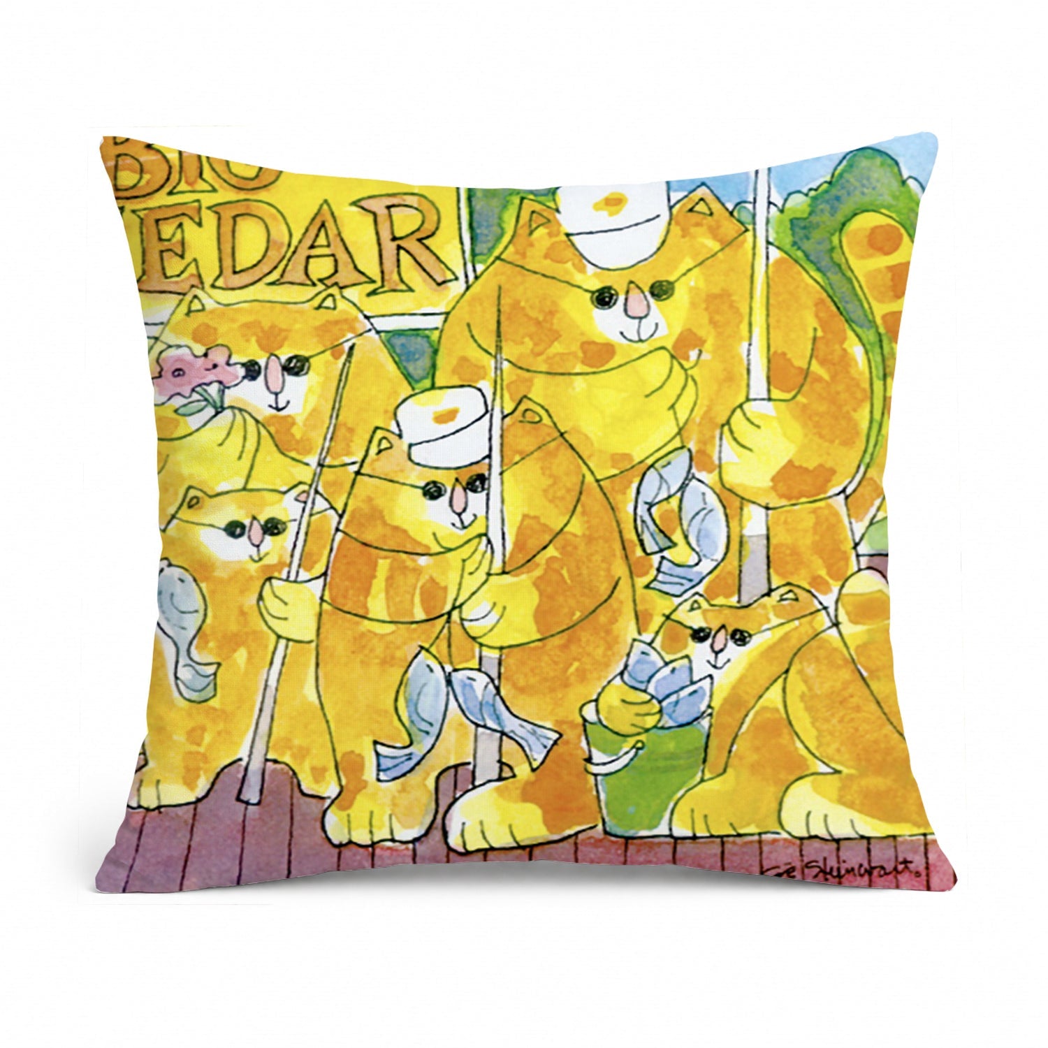 Orange Tabby Fishing Cats Decorative Throw Pillow 14x14 Indoor Outdoor Accent Cushion, Fabric Cover with Insert for Sofa, Bed, Porch & Living Room