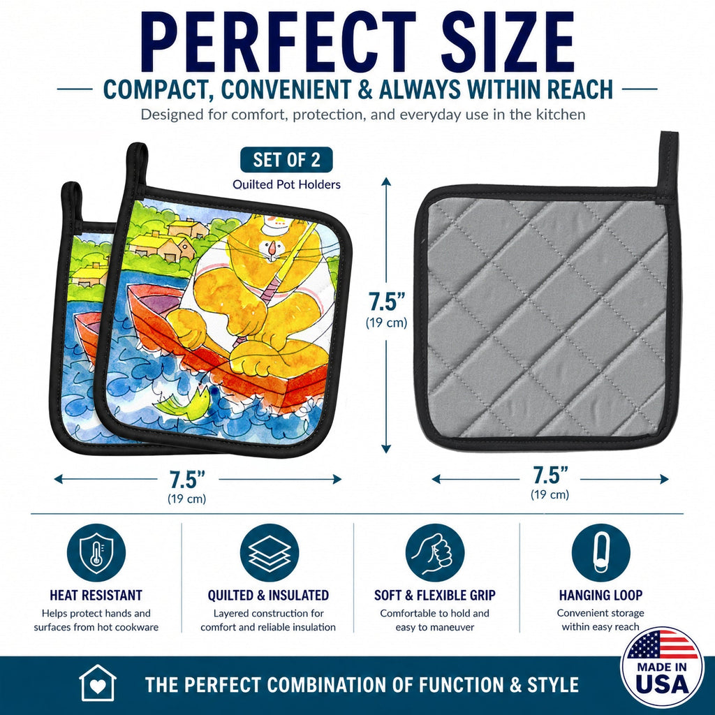 Big Orange Cat Fishing Pot Holder Set of 2 Heat Resistant Quilted Hot Pads 7.5 x 7.5 Inch, Insulated Kitchen Trivets for Cooking & Baking