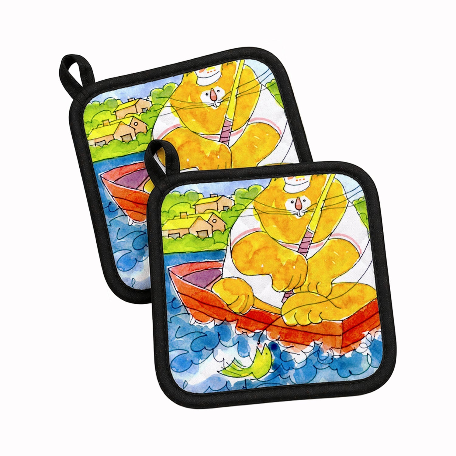 Big Orange Cat Fishing Pot Holder Set of 2 Heat Resistant Quilted Hot Pads 7.5 x 7.5 Inch, Insulated Kitchen Trivets for Cooking & Baking