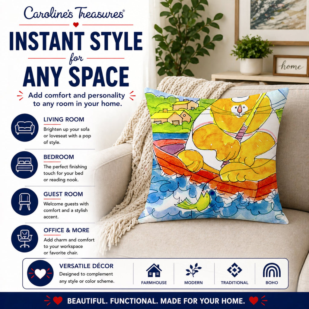 Big Orange Cat Fishing Decorative Throw Pillow 14x14 Indoor Outdoor Accent Cushion, Fabric Cover with Insert for Sofa, Bed, Porch & Living Room