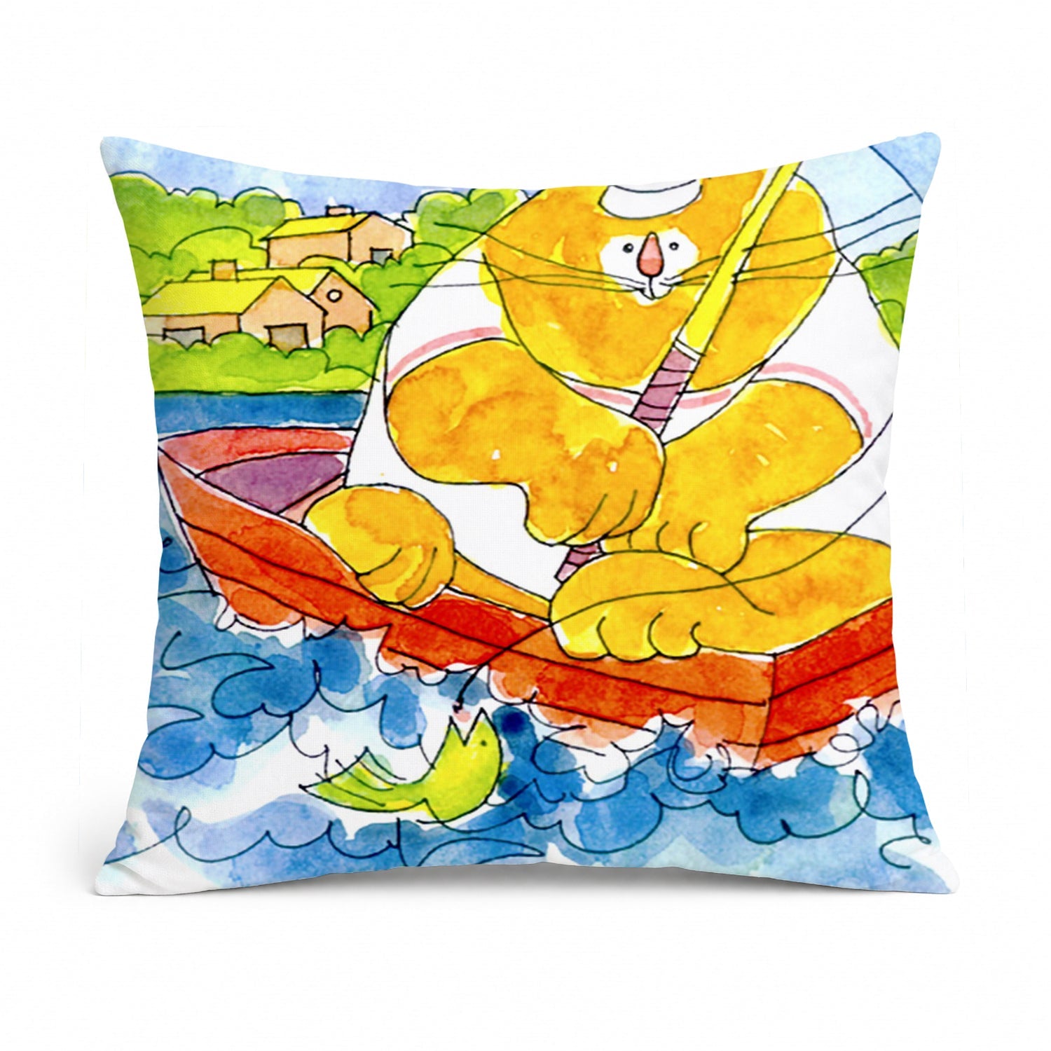 Big Orange Cat Fishing Decorative Throw Pillow 14x14 Indoor Outdoor Accent Cushion, Fabric Cover with Insert for Sofa, Bed, Porch & Living Room