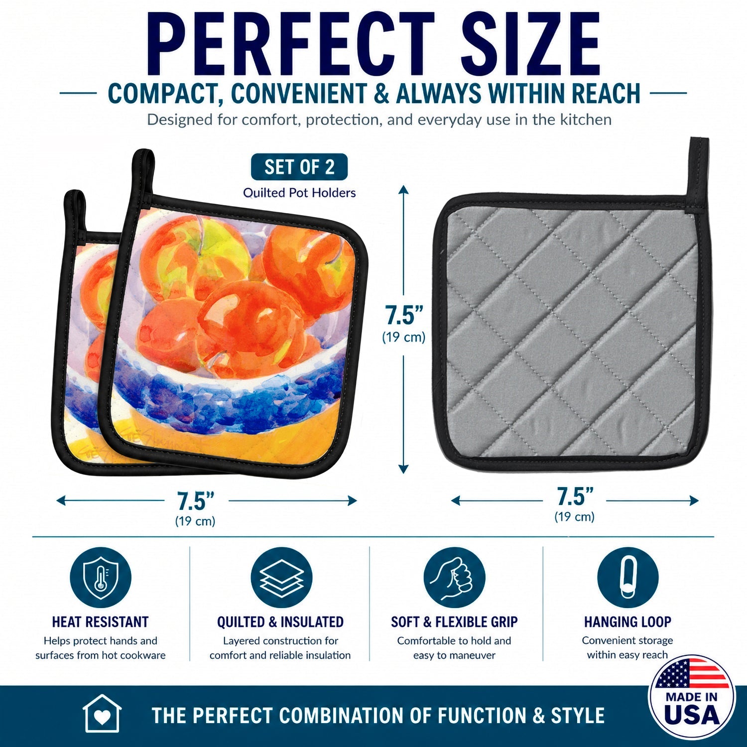Bowl of Apples Pot Holder Set of 2 Heat Resistant Quilted Hot Pads 7.5 x 7.5 Inch, Insulated Kitchen Trivets for Cooking & Baking