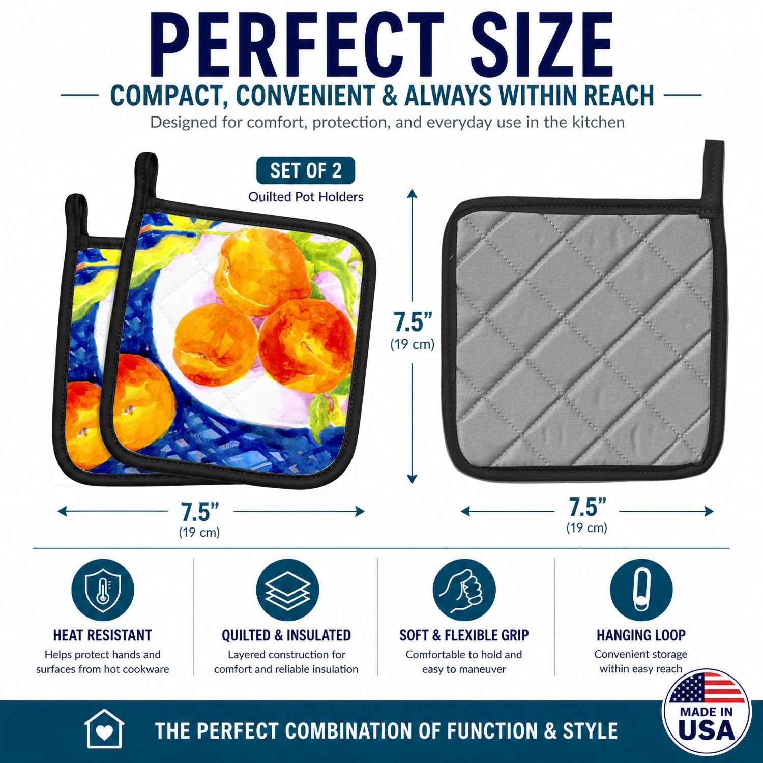 Bowl of Peaches Pot Holder Set of 2 Heat Resistant Quilted Hot Pads 7.5 x 7.5 Inch, Insulated Kitchen Trivets for Cooking & Baking