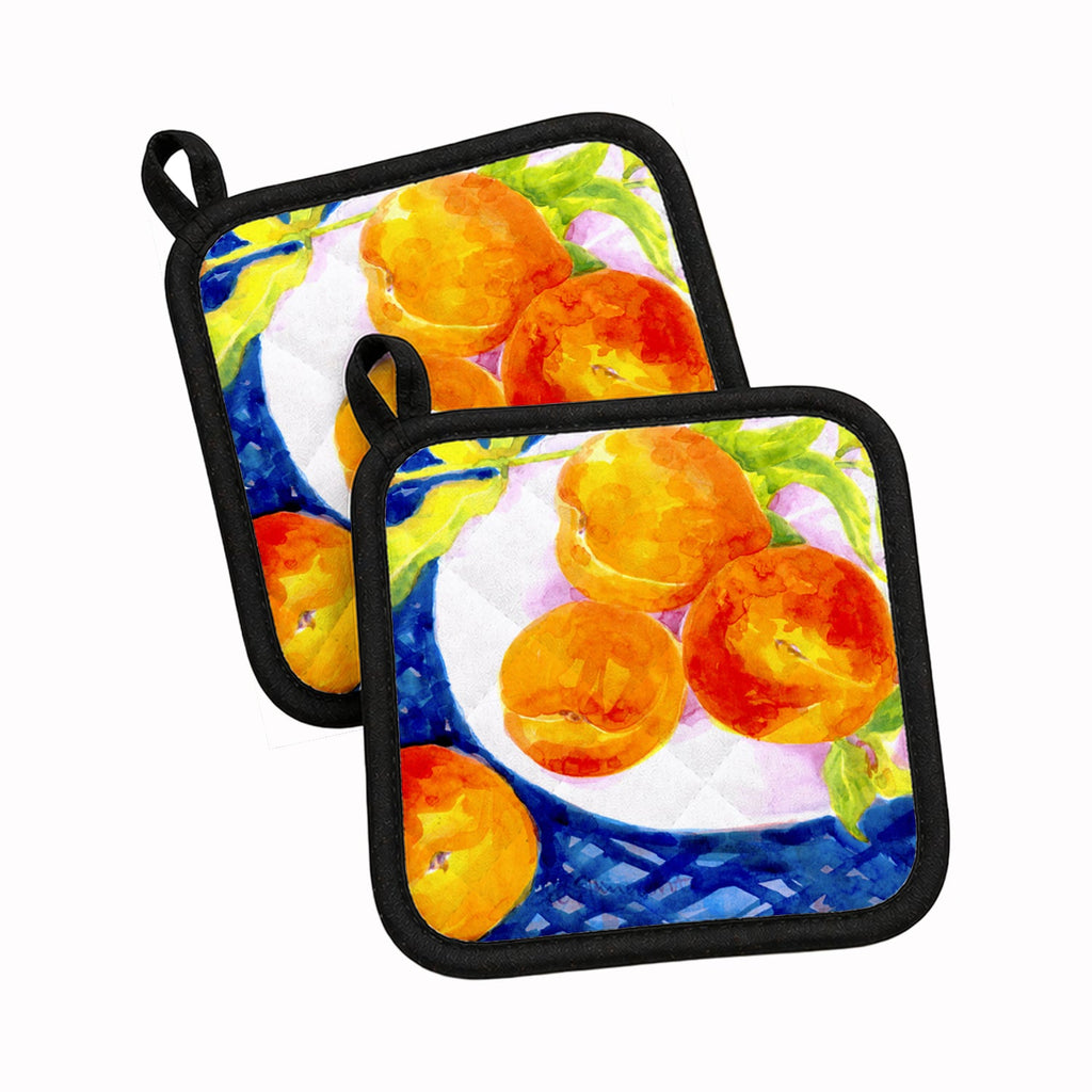 Bowl of Peaches Pot Holder Set of 2 Heat Resistant Quilted Hot Pads 7.5 x 7.5 Inch, Insulated Kitchen Trivets for Cooking & Baking