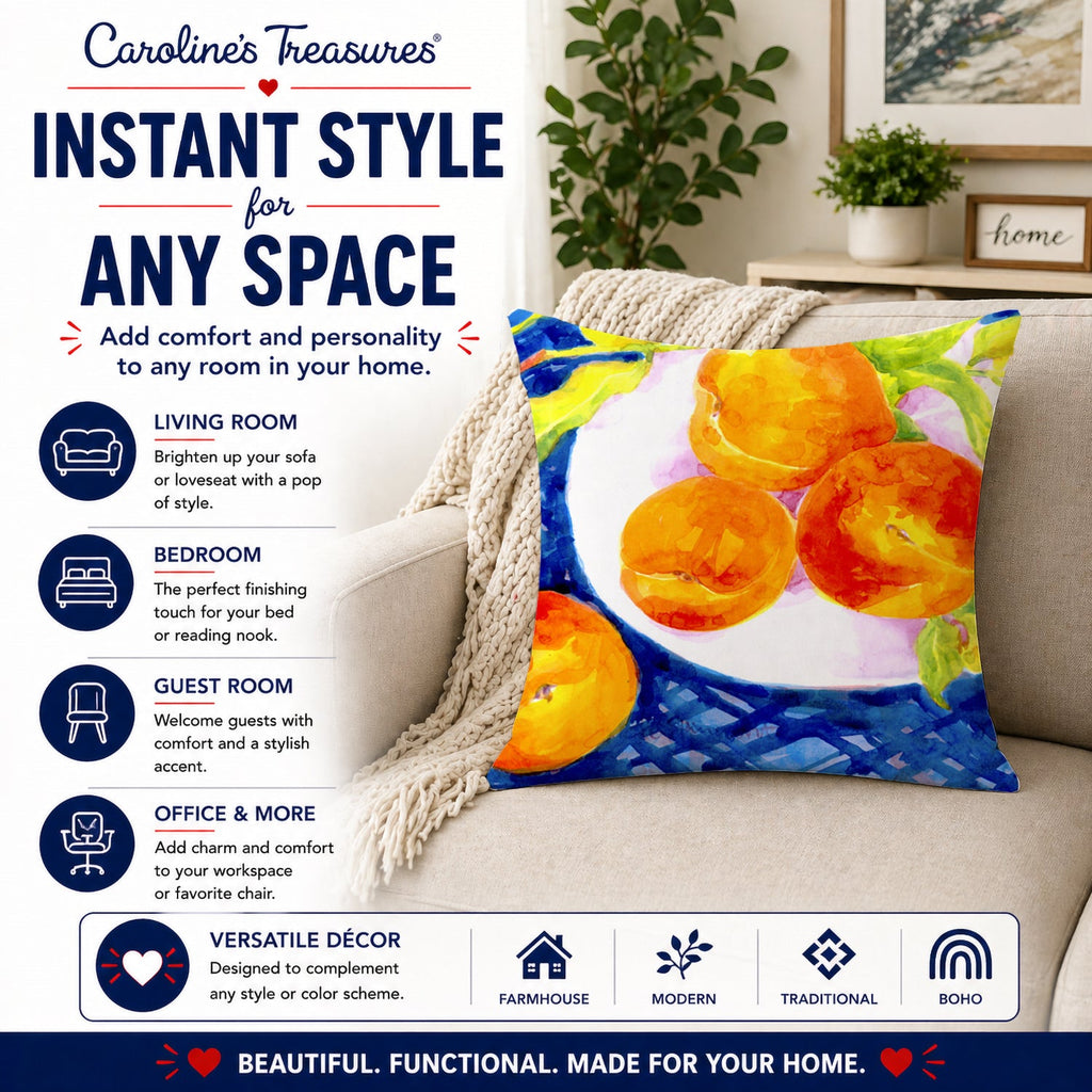 Bowl of Peaches Decorative Throw Pillow 14x14 Indoor Outdoor Accent Cushion, Fabric Cover with Insert for Sofa, Bed, Porch & Living Room