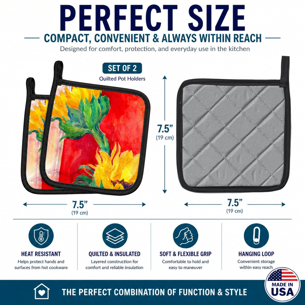 Flower - Sunflower Pot Holder Set of 2 Heat Resistant Quilted Hot Pads 7.5 x 7.5 Inch, Insulated Kitchen Trivets for Cooking & Baking