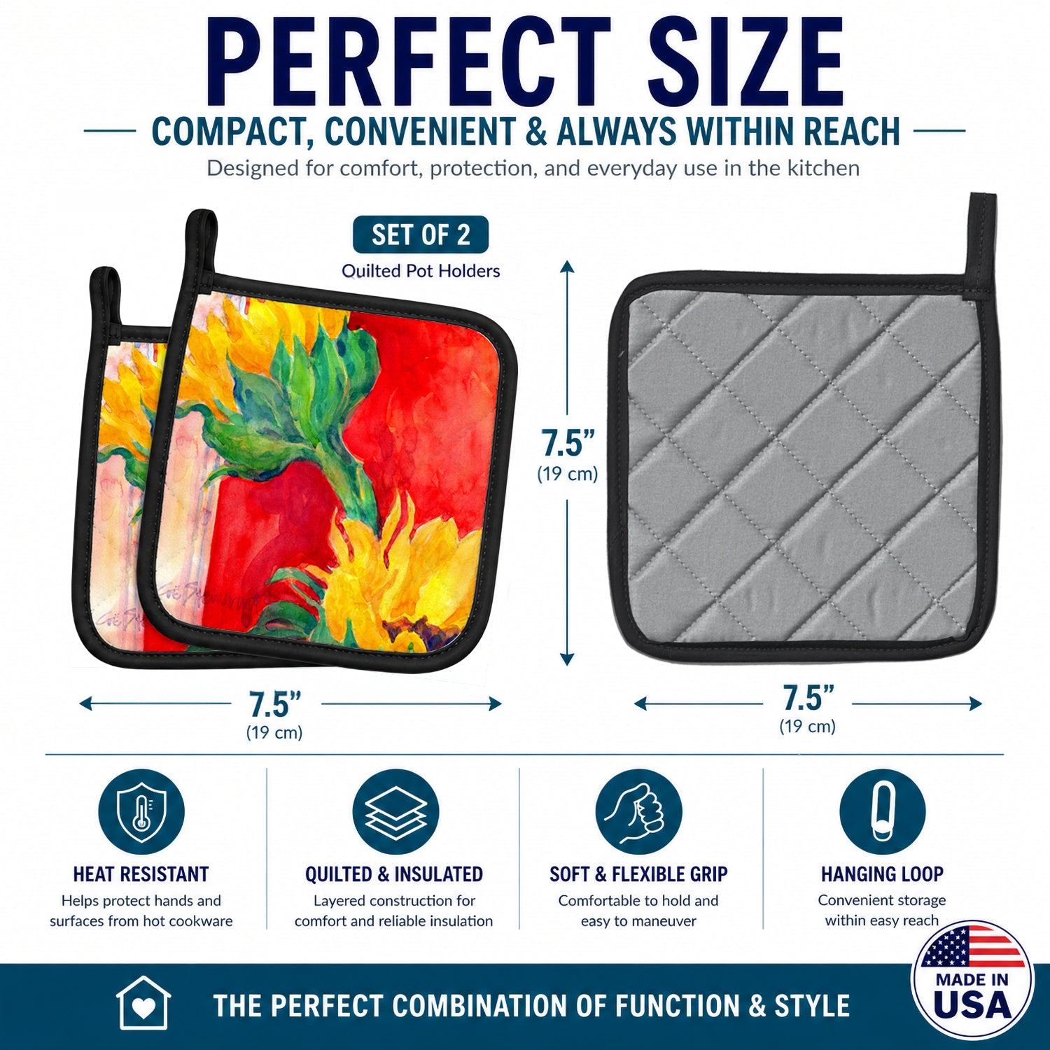 Flower - Sunflower Pot Holder Set of 2 Heat Resistant Quilted Hot Pads 7.5 x 7.5 Inch, Insulated Kitchen Trivets for Cooking & Baking