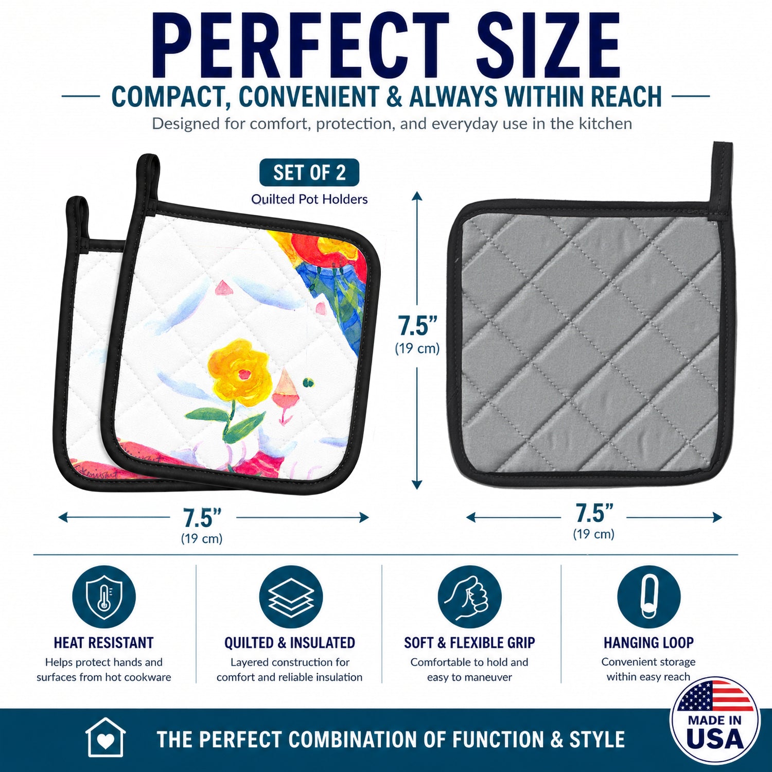 Big white Cat Pot Holder Set of 2 Heat Resistant Quilted Hot Pads 7.5 x 7.5 Inch, Insulated Kitchen Trivets for Cooking & Baking