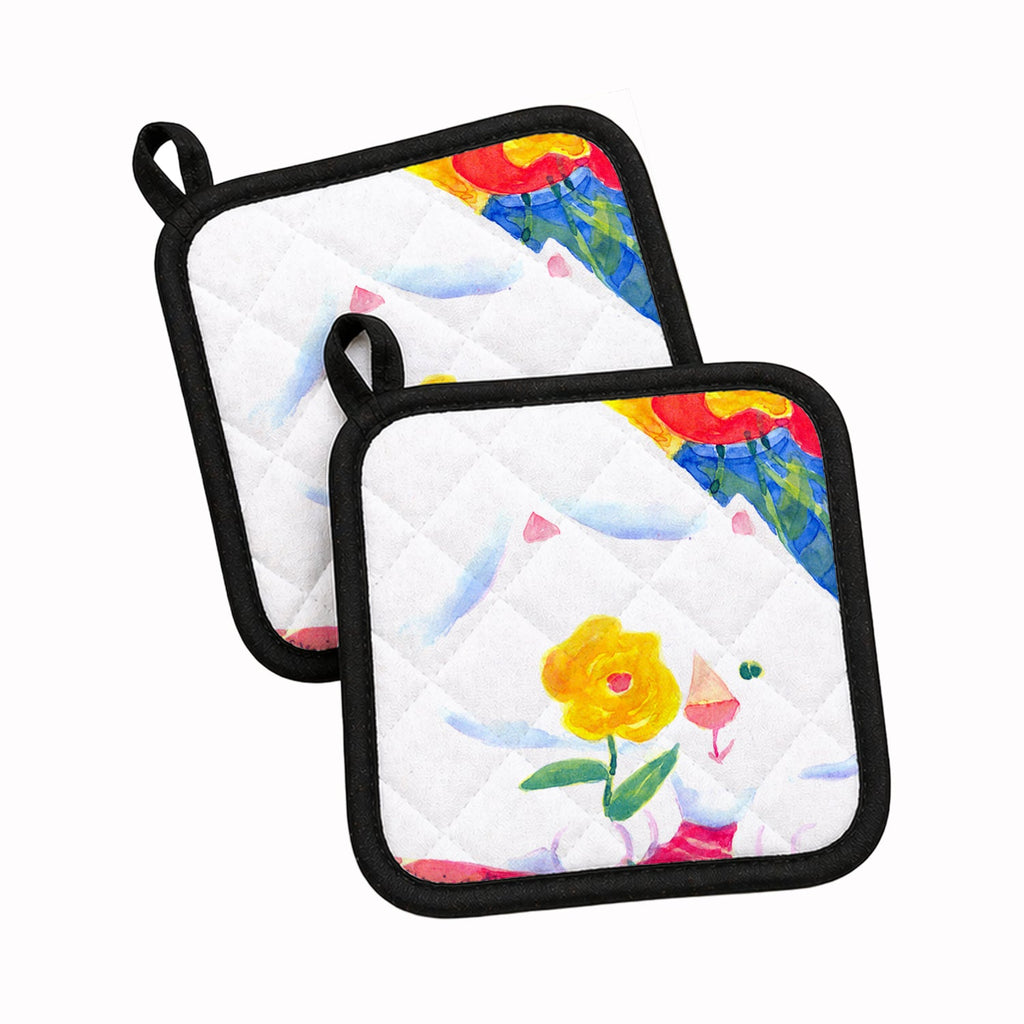 Big white Cat Pot Holder Set of 2 Heat Resistant Quilted Hot Pads 7.5 x 7.5 Inch, Insulated Kitchen Trivets for Cooking & Baking