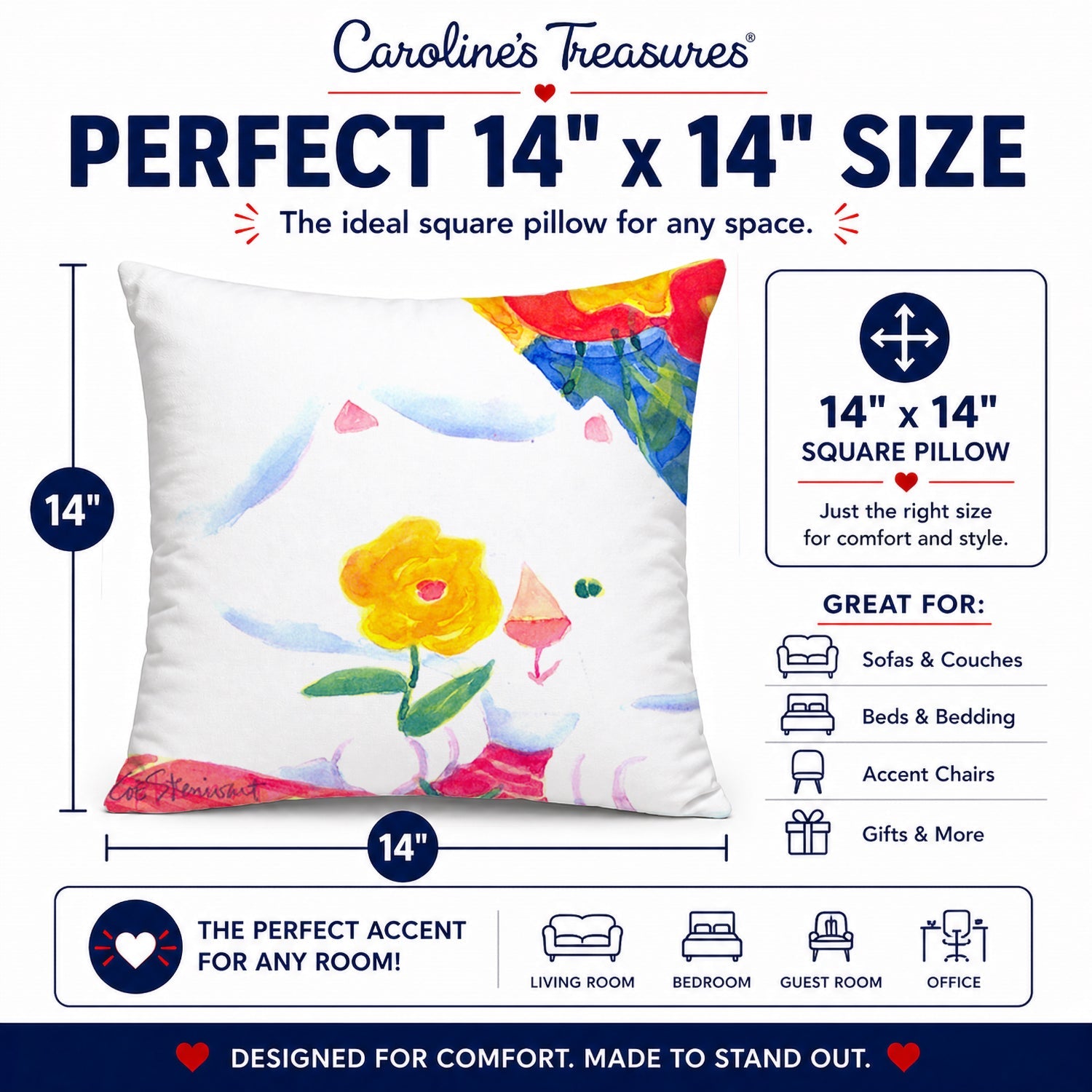 Big white Cat Decorative Throw Pillow 14x14 Indoor Outdoor Accent Cushion, Fabric Cover with Insert for Sofa, Bed, Porch & Living Room