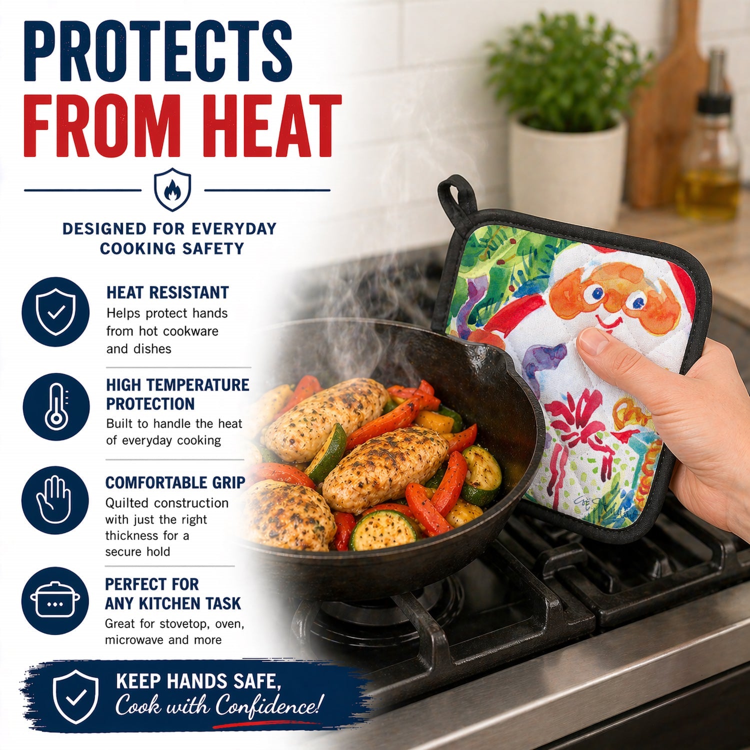 Santa Claus Christmas Surprise Pot Holder Set of 2 Heat Resistant Quilted Hot Pads 7.5 x 7.5 Inch, Insulated Kitchen Trivets for Cooking & Baking