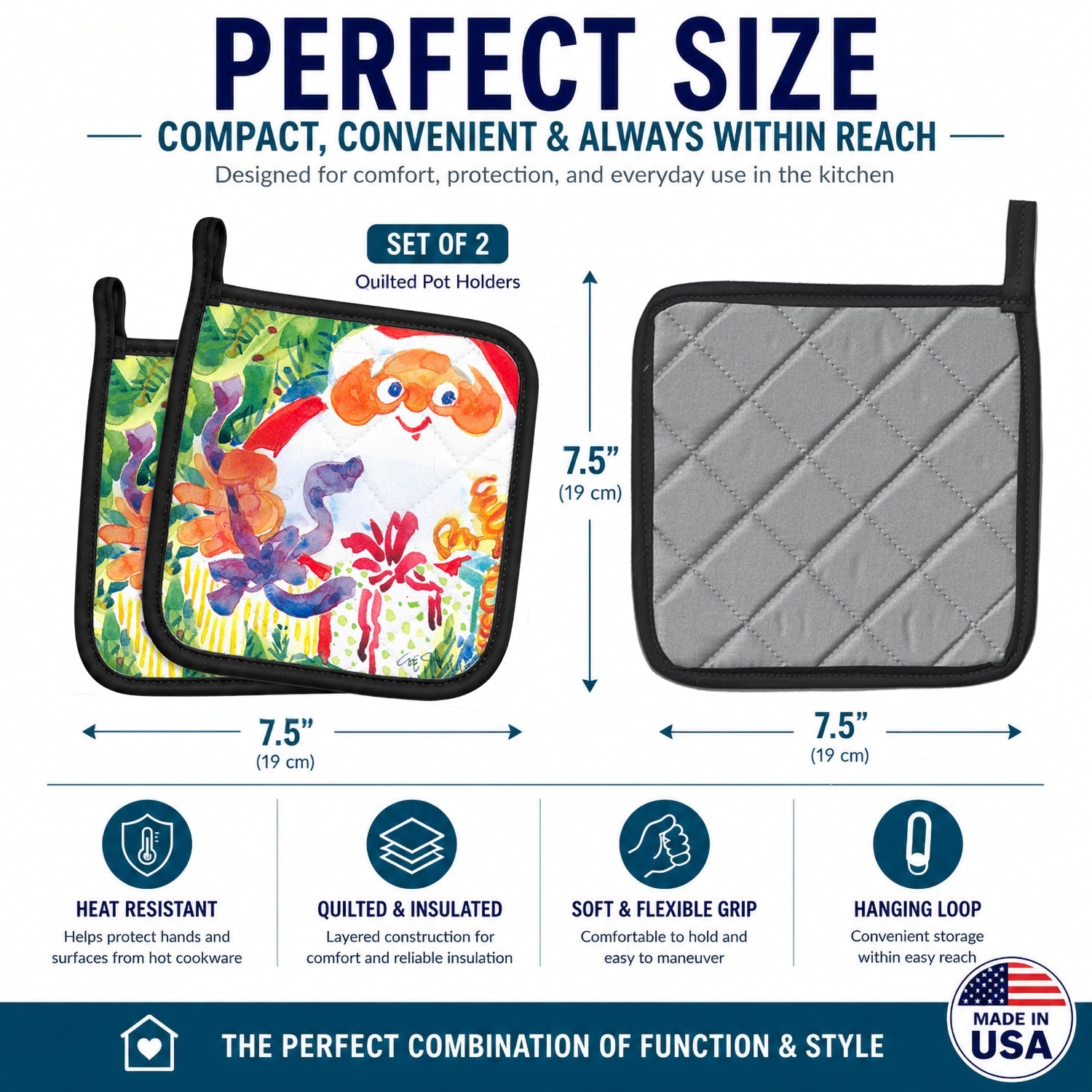 Santa Claus Christmas Surprise Pot Holder Set of 2 Heat Resistant Quilted Hot Pads 7.5 x 7.5 Inch, Insulated Kitchen Trivets for Cooking & Baking