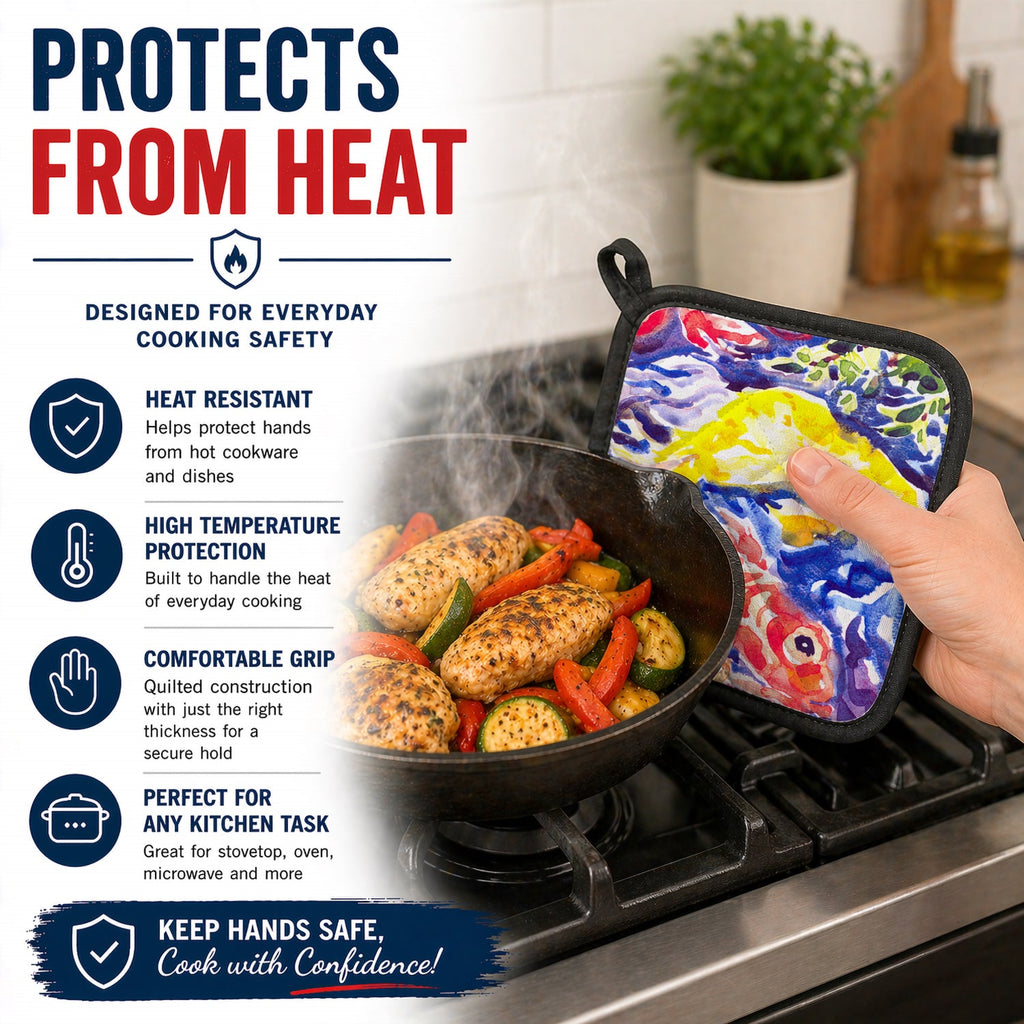 Fish - Koi in the pond Pot Holder Set of 2 Heat Resistant Quilted Hot Pads 7.5 x 7.5 Inch, Insulated Kitchen Trivets for Cooking & Baking