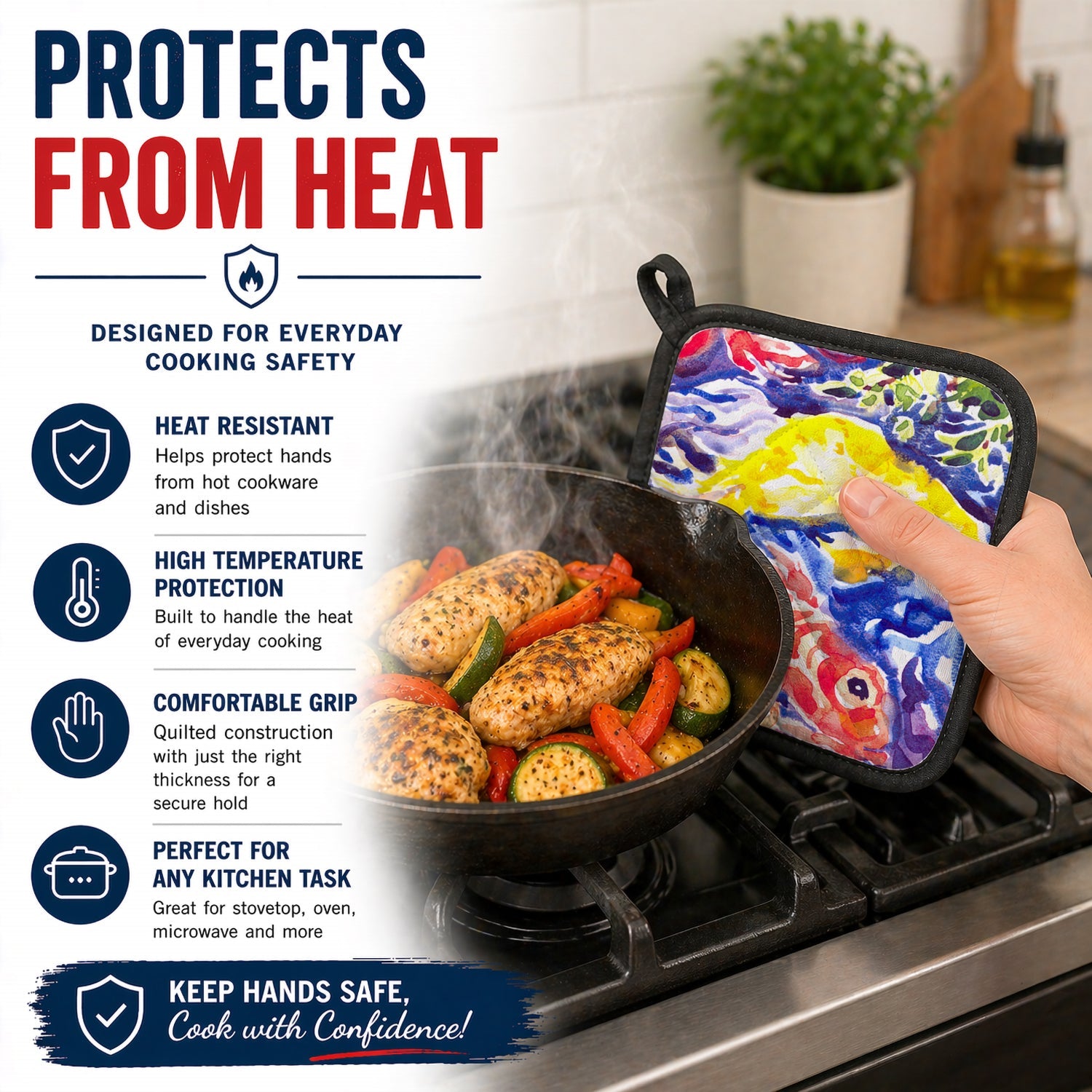 Fish - Koi in the pond Pot Holder Set of 2 Heat Resistant Quilted Hot Pads 7.5 x 7.5 Inch, Insulated Kitchen Trivets for Cooking & Baking