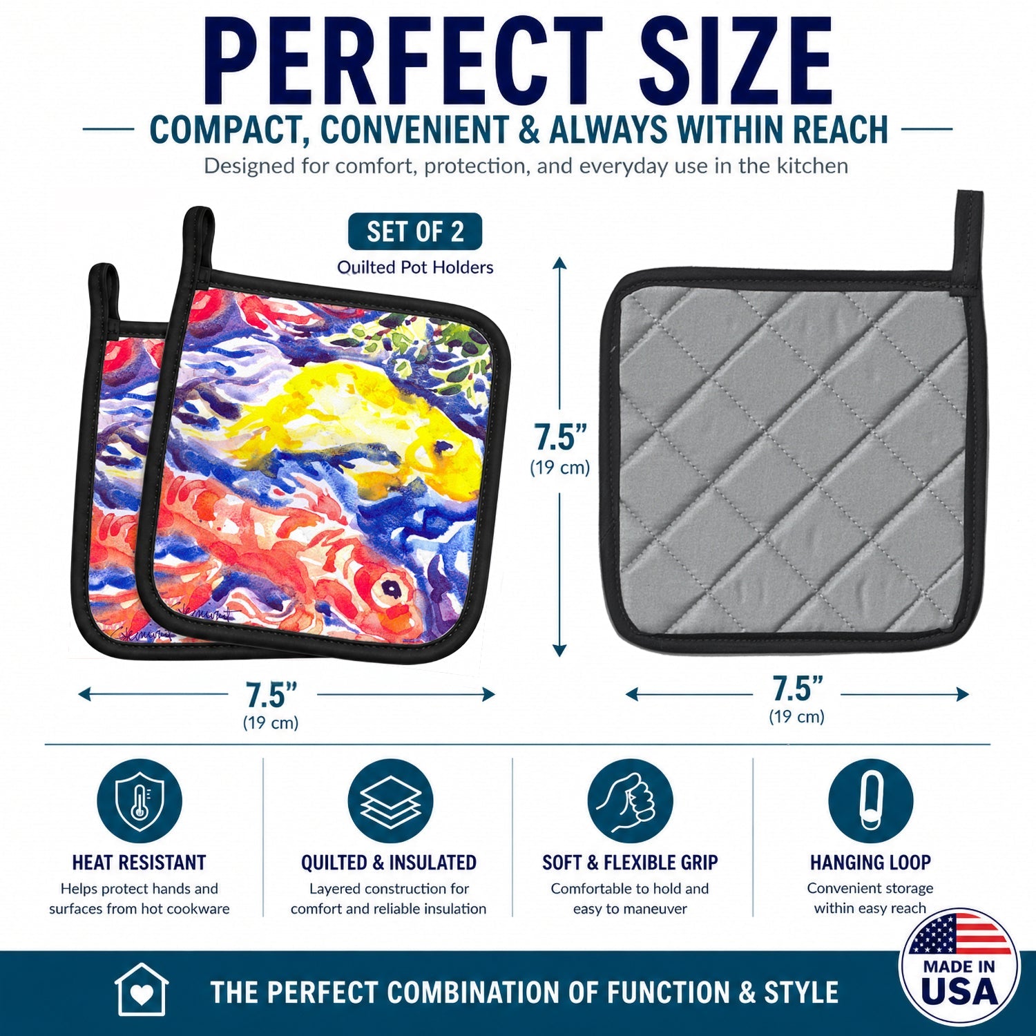 Fish - Koi in the pond Pot Holder Set of 2 Heat Resistant Quilted Hot Pads 7.5 x 7.5 Inch, Insulated Kitchen Trivets for Cooking & Baking