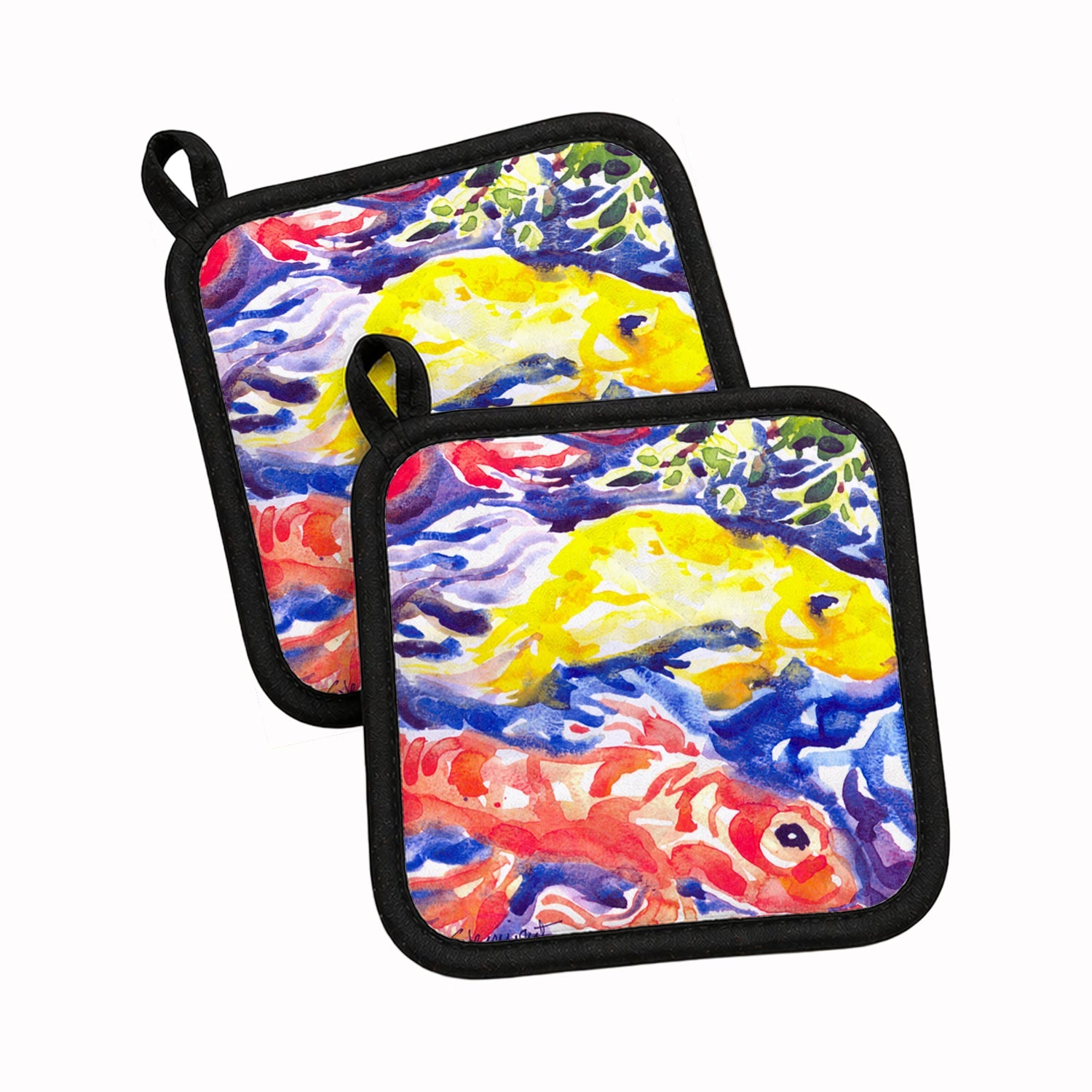 Fish - Koi in the pond Pot Holder Set of 2 Heat Resistant Quilted Hot Pads 7.5 x 7.5 Inch, Insulated Kitchen Trivets for Cooking & Baking