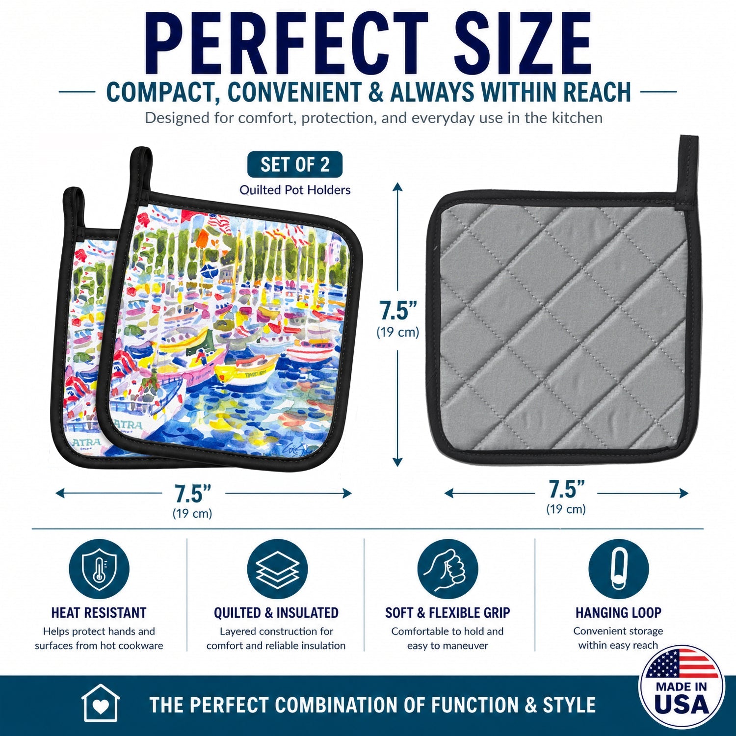 Harbour Pot Holder Set of 2 Heat Resistant Quilted Hot Pads 7.5 x 7.5 Inch, Insulated Kitchen Trivets for Cooking & Baking