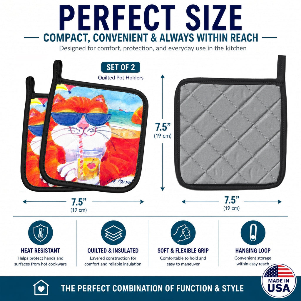Cool Cat with Sunglasses at the beach Pot Holder Set of 2 Heat Resistant Quilted Hot Pads 7.5 x 7.5 Inch, Insulated Kitchen Trivets for Cooking & Baking