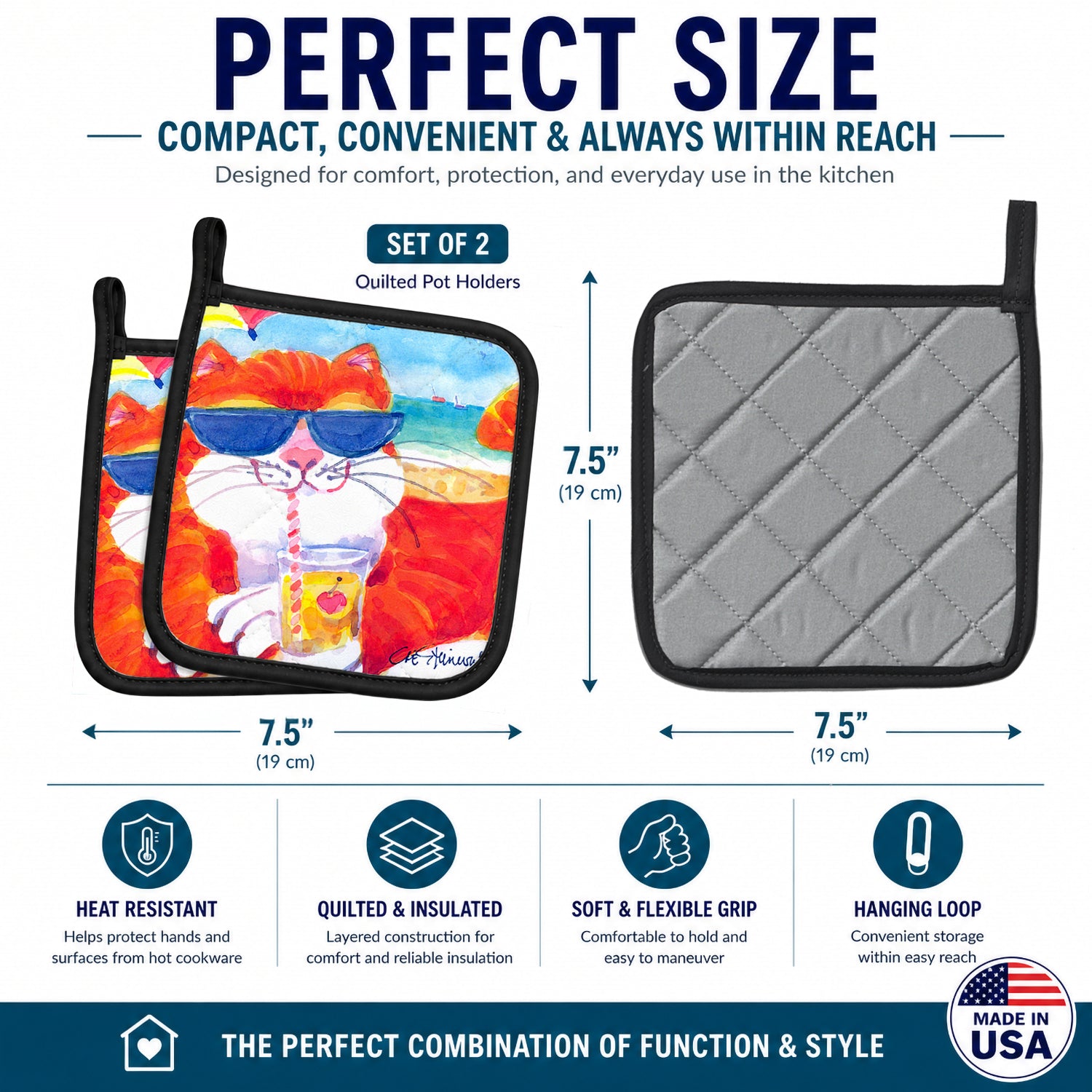 Cool Cat with Sunglasses at the beach Pot Holder Set of 2 Heat Resistant Quilted Hot Pads 7.5 x 7.5 Inch, Insulated Kitchen Trivets for Cooking & Baking