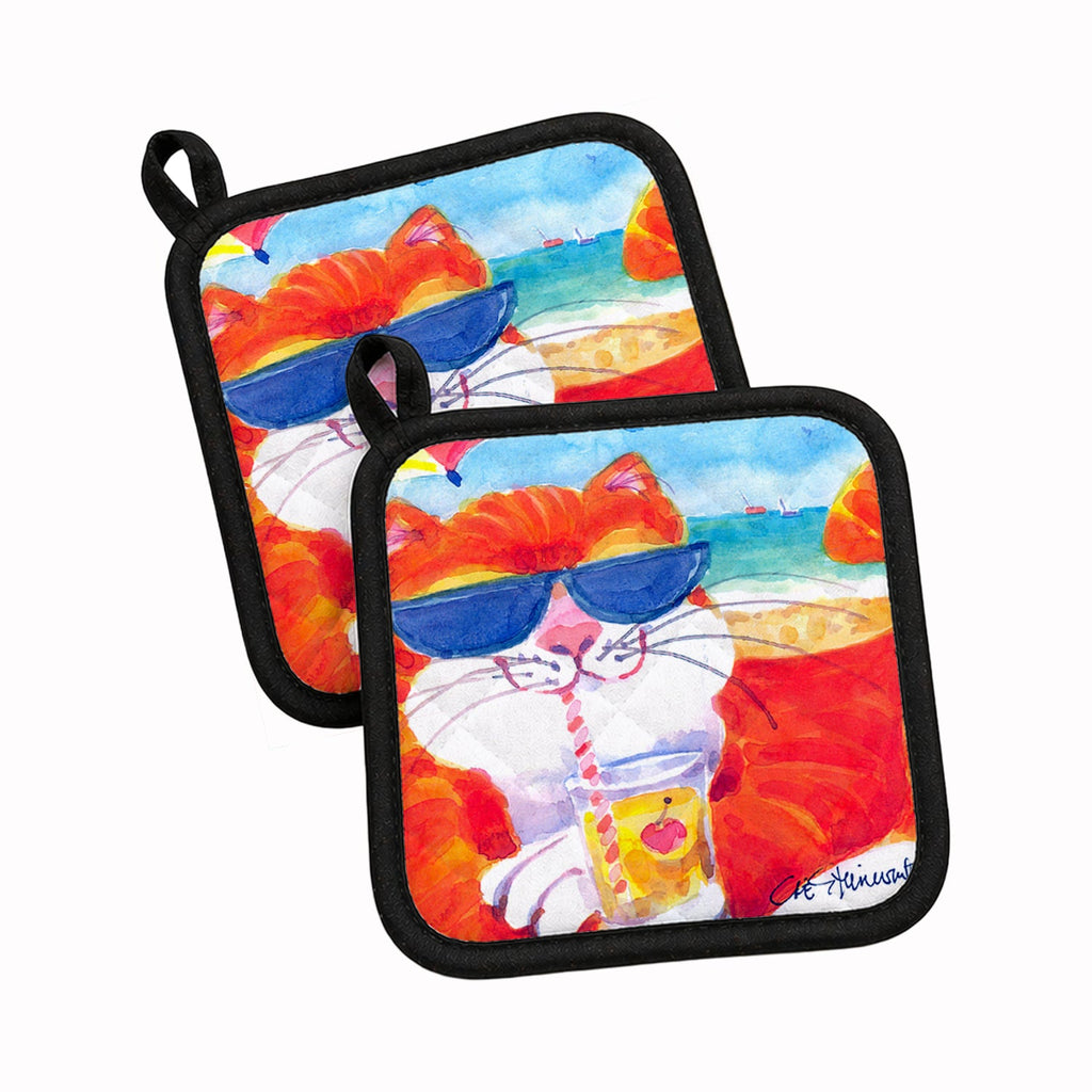Cool Cat with Sunglasses at the beach Pot Holder Set of 2 Heat Resistant Quilted Hot Pads 7.5 x 7.5 Inch, Insulated Kitchen Trivets for Cooking & Baking