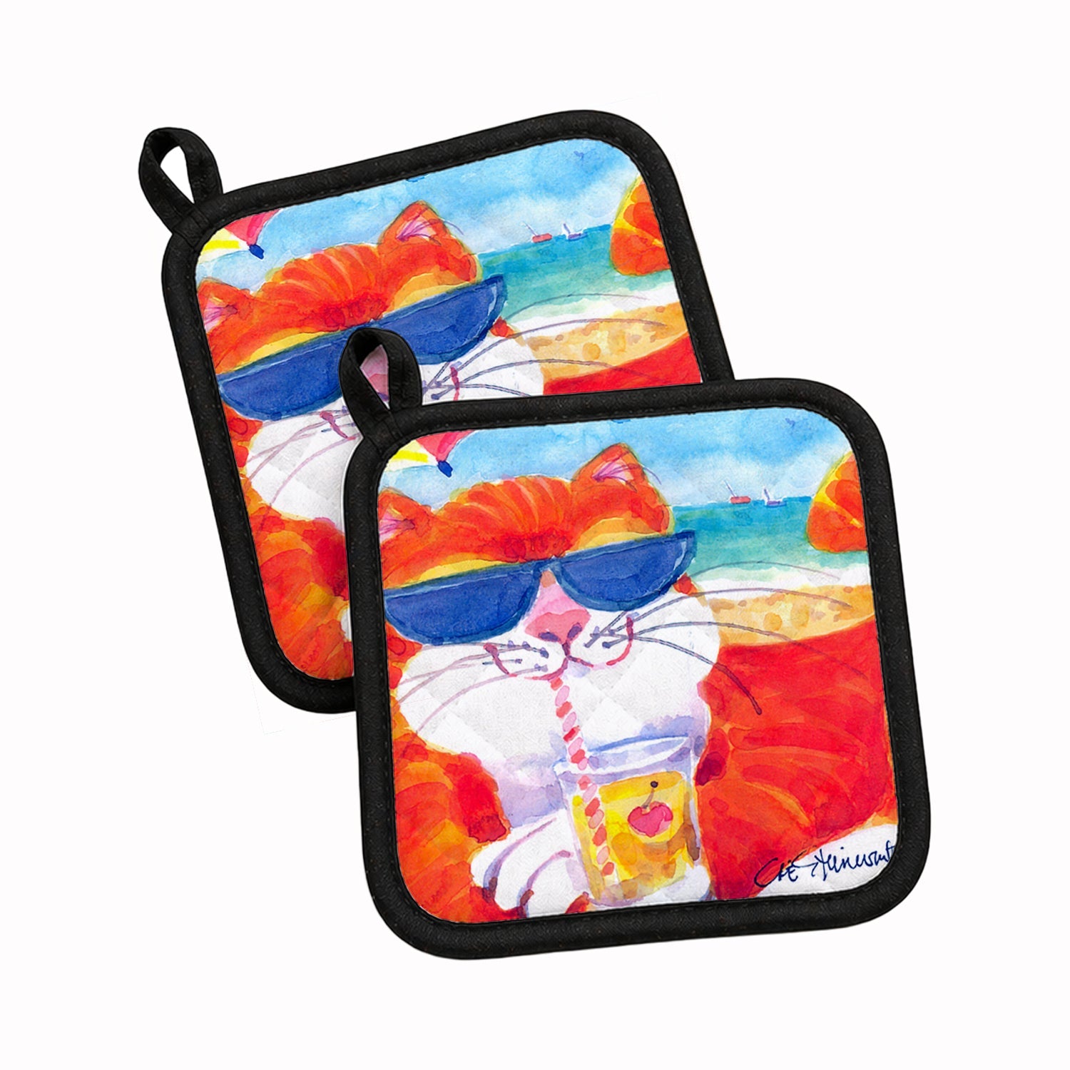 Cool Cat with Sunglasses at the beach Pot Holder Set of 2 Heat Resistant Quilted Hot Pads 7.5 x 7.5 Inch, Insulated Kitchen Trivets for Cooking & Baking
