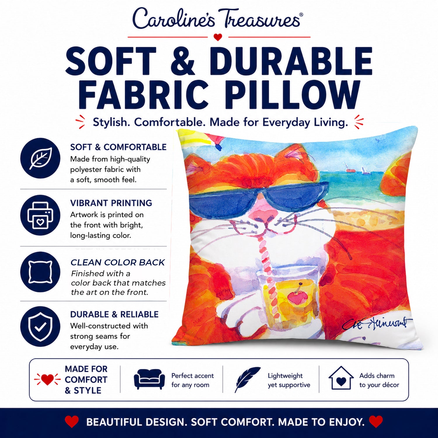 Cool Cat with Sunglasses at the beach Decorative Throw Pillow 14x14 Indoor Outdoor Accent Cushion, Fabric Cover with Insert for Sofa, Bed, Porch & Living Room