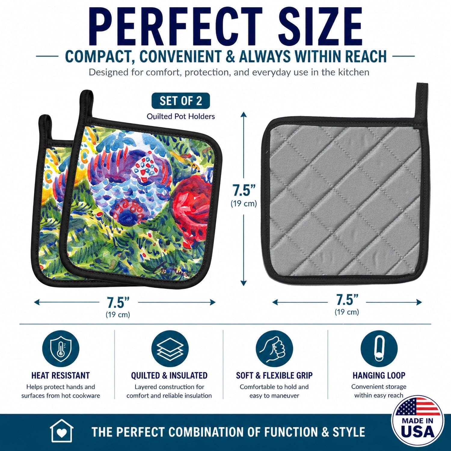 Christmas Tree Ornaments Pot Holder Set of 2 Heat Resistant Quilted Hot Pads 7.5 x 7.5 Inch, Insulated Kitchen Trivets for Cooking & Baking