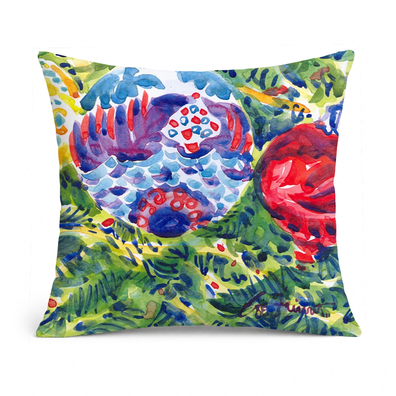 Christmas Tree Ornaments Decorative Throw Pillow 14x14 Indoor Outdoor Accent Cushion, Fabric Cover with Insert for Sofa, Bed, Porch & Living Room