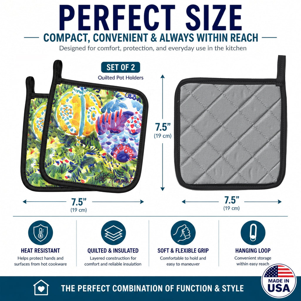 Christmas Tree Yellow and Purple Ornaments Pot Holder Set of 2 Heat Resistant Quilted Hot Pads 7.5 x 7.5 Inch, Insulated Kitchen Trivets for Cooking & Baking