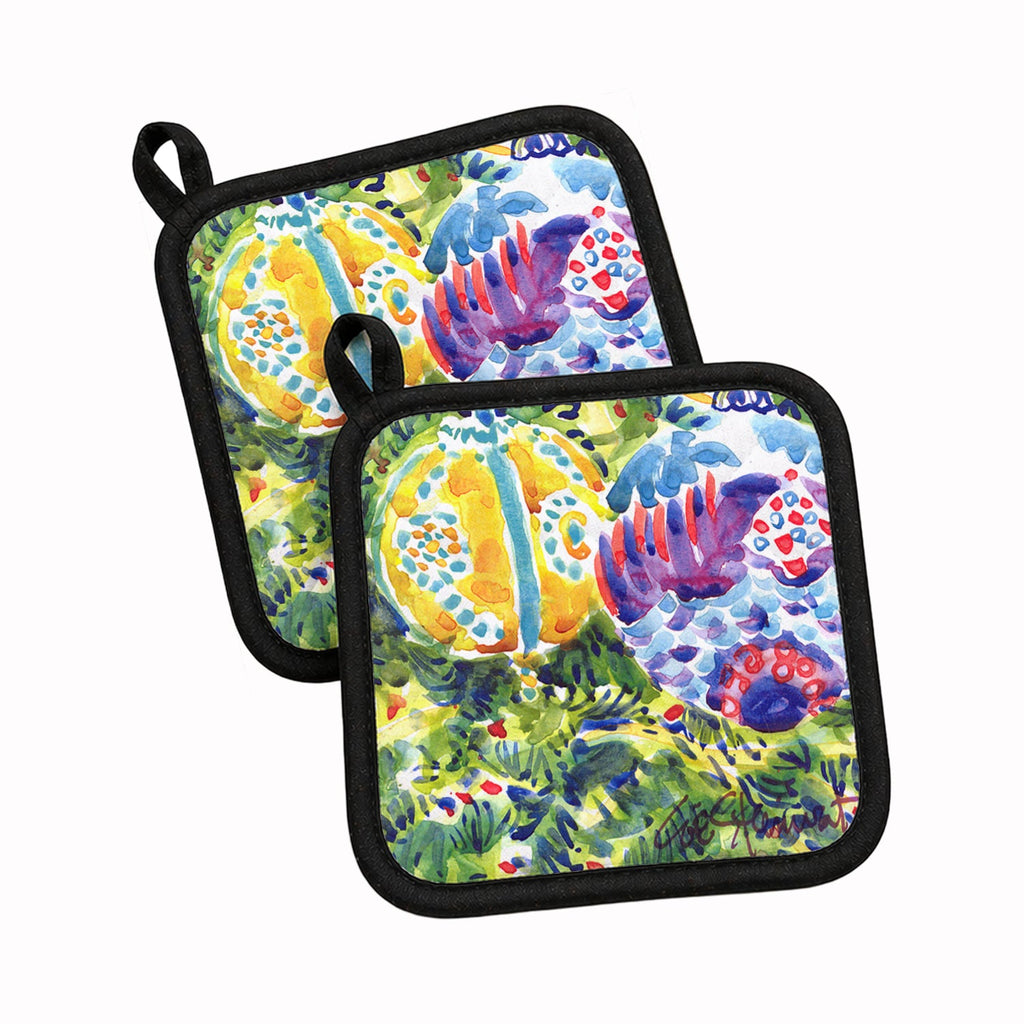 Christmas Tree Yellow and Purple Ornaments Pot Holder Set of 2 Heat Resistant Quilted Hot Pads 7.5 x 7.5 Inch, Insulated Kitchen Trivets for Cooking & Baking