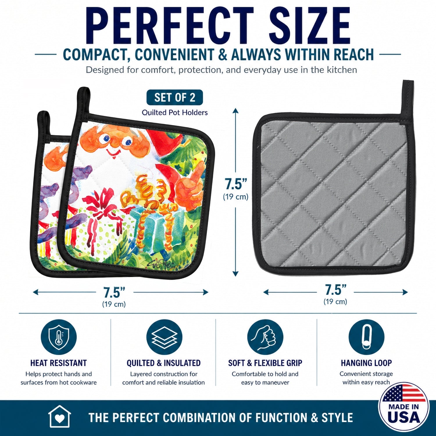 Christmas Santa Claus You Better Watch out Pot Holder Set of 2 Heat Resistant Quilted Hot Pads 7.5 x 7.5 Inch, Insulated Kitchen Trivets for Cooking & Baking