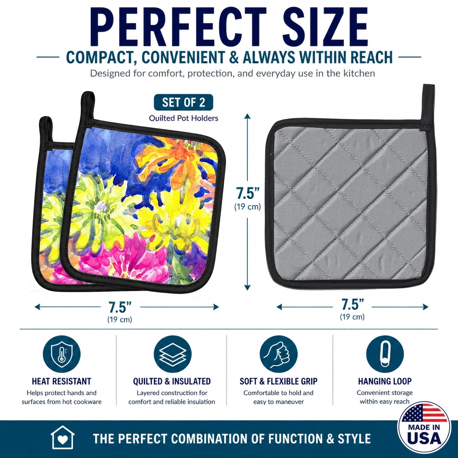Flower Pot Holder Set of 2 Heat Resistant Quilted Hot Pads 7.5 x 7.5 Inch, Insulated Kitchen Trivets for Cooking & Baking