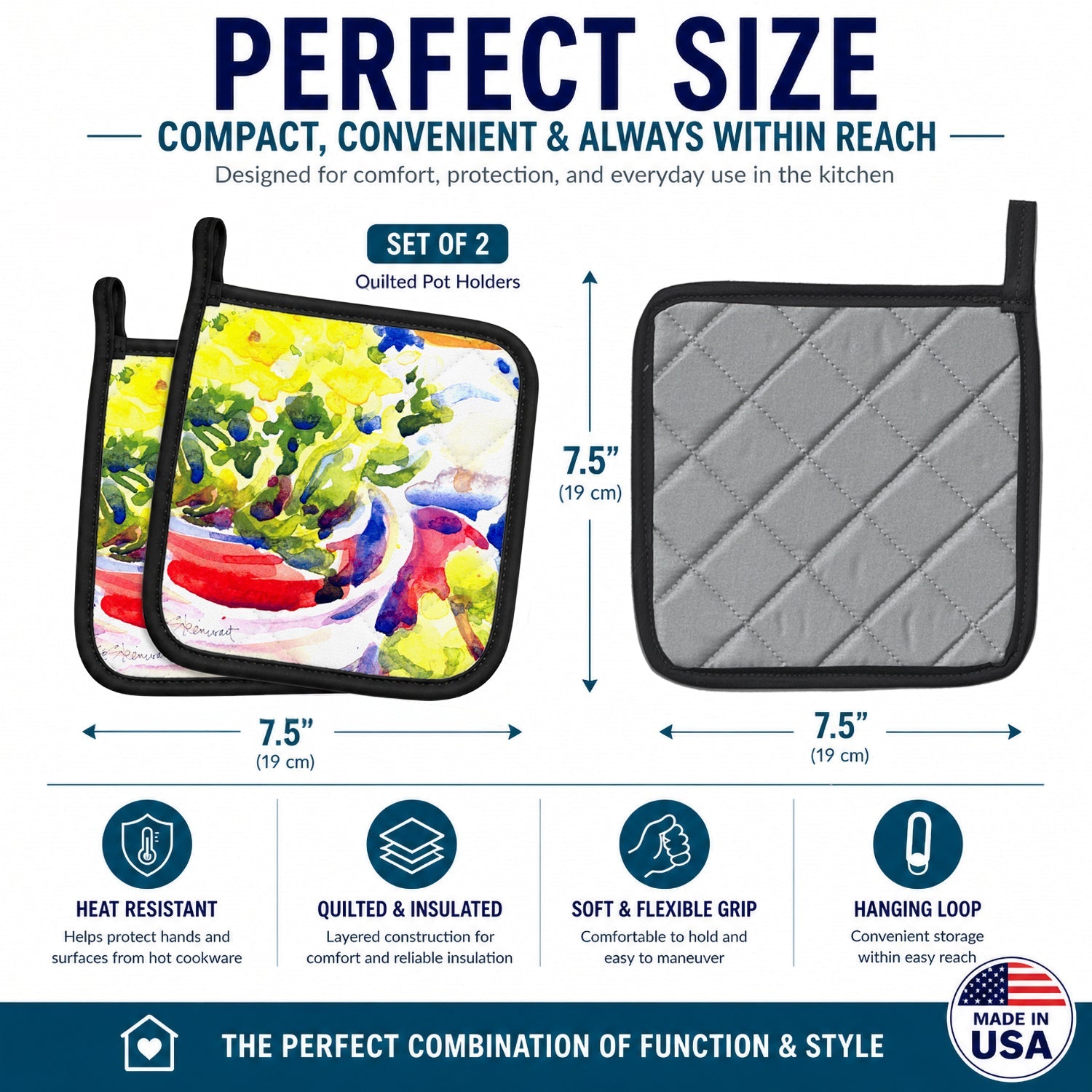 Flower Pot Holder Set of 2 Heat Resistant Quilted Hot Pads 7.5 x 7.5 Inch, Insulated Kitchen Trivets for Cooking & Baking