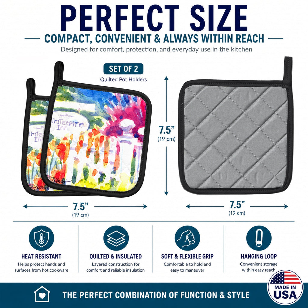 Whitegate Inn fence Houses Pot Holder Set of 2 Heat Resistant Quilted Hot Pads 7.5 x 7.5 Inch, Insulated Kitchen Trivets for Cooking & Baking