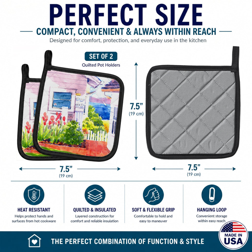 Beach View between the Houses Pot Holder Set of 2 Heat Resistant Quilted Hot Pads 7.5 x 7.5 Inch, Insulated Kitchen Trivets for Cooking & Baking