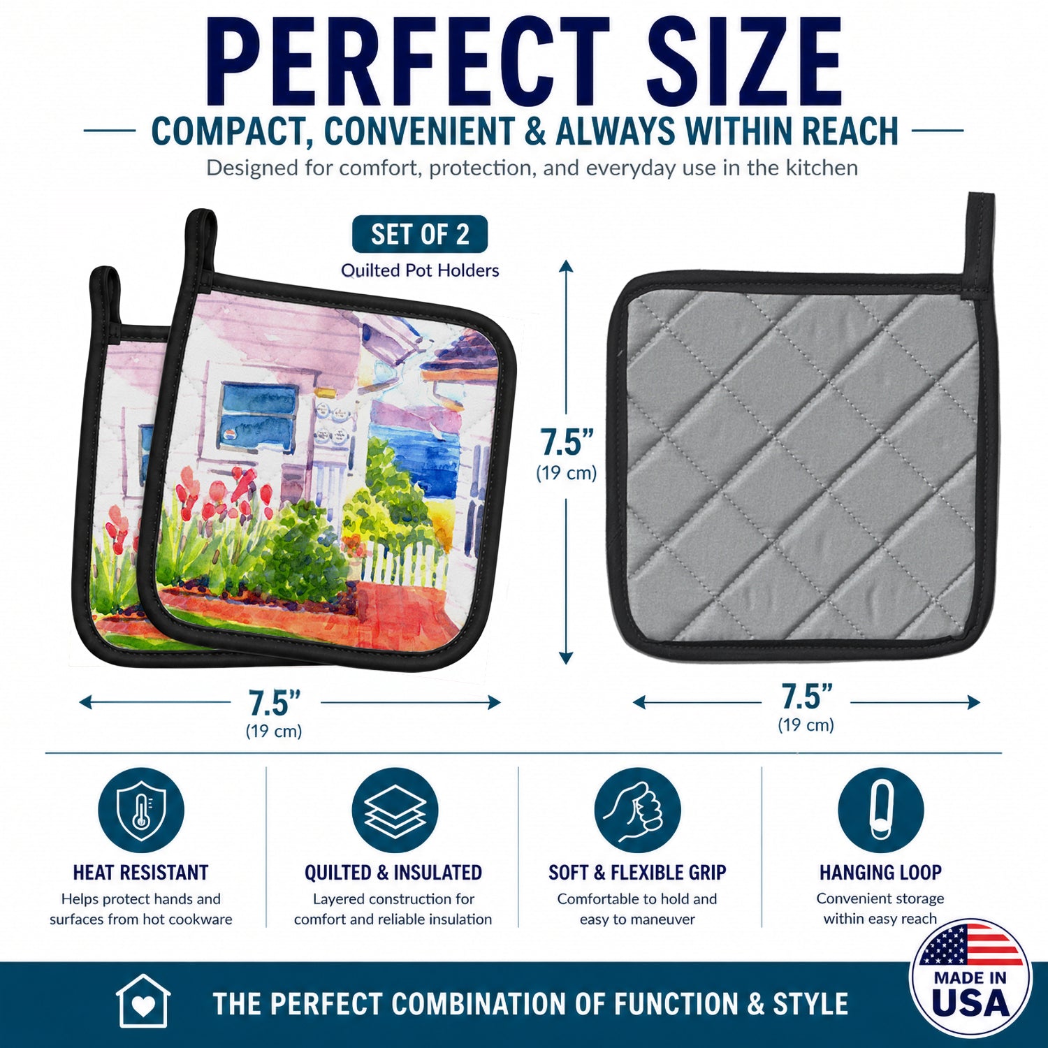 Beach View between the Houses Pot Holder Set of 2 Heat Resistant Quilted Hot Pads 7.5 x 7.5 Inch, Insulated Kitchen Trivets for Cooking & Baking
