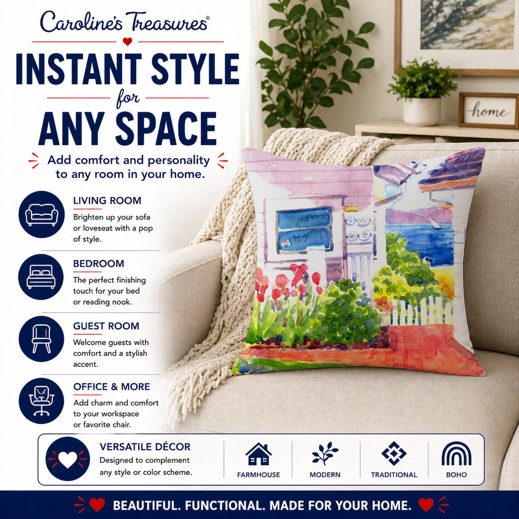 Beach View between the Houses Decorative Throw Pillow 14x14 Indoor Outdoor Accent Cushion, Fabric Cover with Insert for Sofa, Bed, Porch & Living Room