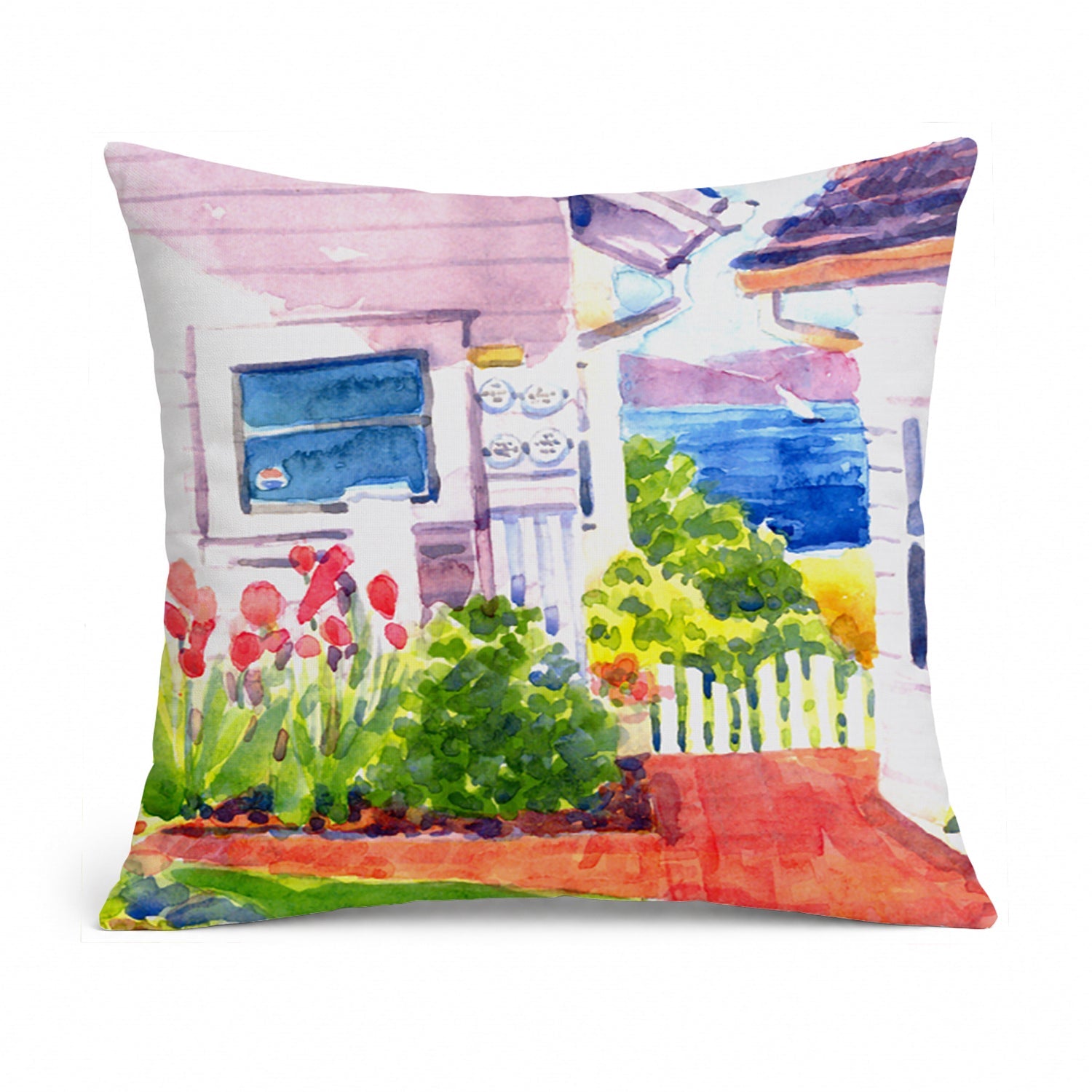 Beach View between the Houses Decorative Throw Pillow 14x14 Indoor Outdoor Accent Cushion, Fabric Cover with Insert for Sofa, Bed, Porch & Living Room