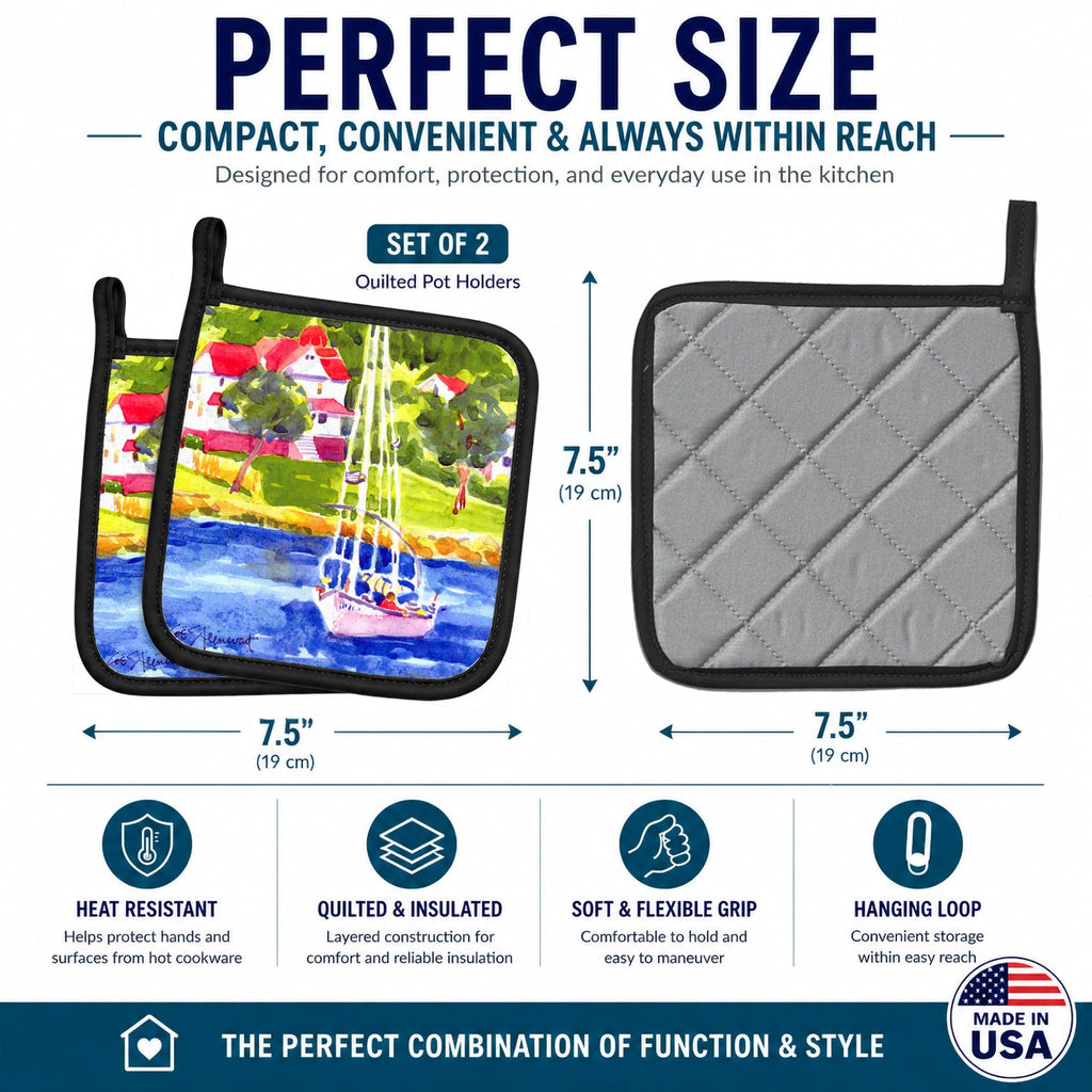 Sailboat on the lake Pot Holder Set of 2 Heat Resistant Quilted Hot Pads 7.5 x 7.5 Inch, Insulated Kitchen Trivets for Cooking & Baking