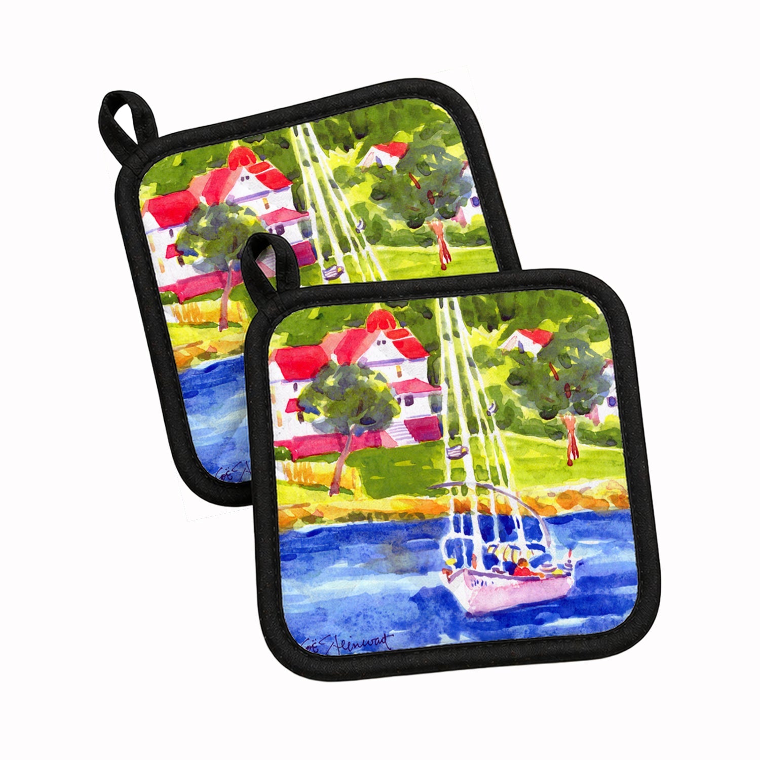 Sailboat on the lake Pot Holder Set of 2 Heat Resistant Quilted Hot Pads 7.5 x 7.5 Inch, Insulated Kitchen Trivets for Cooking & Baking