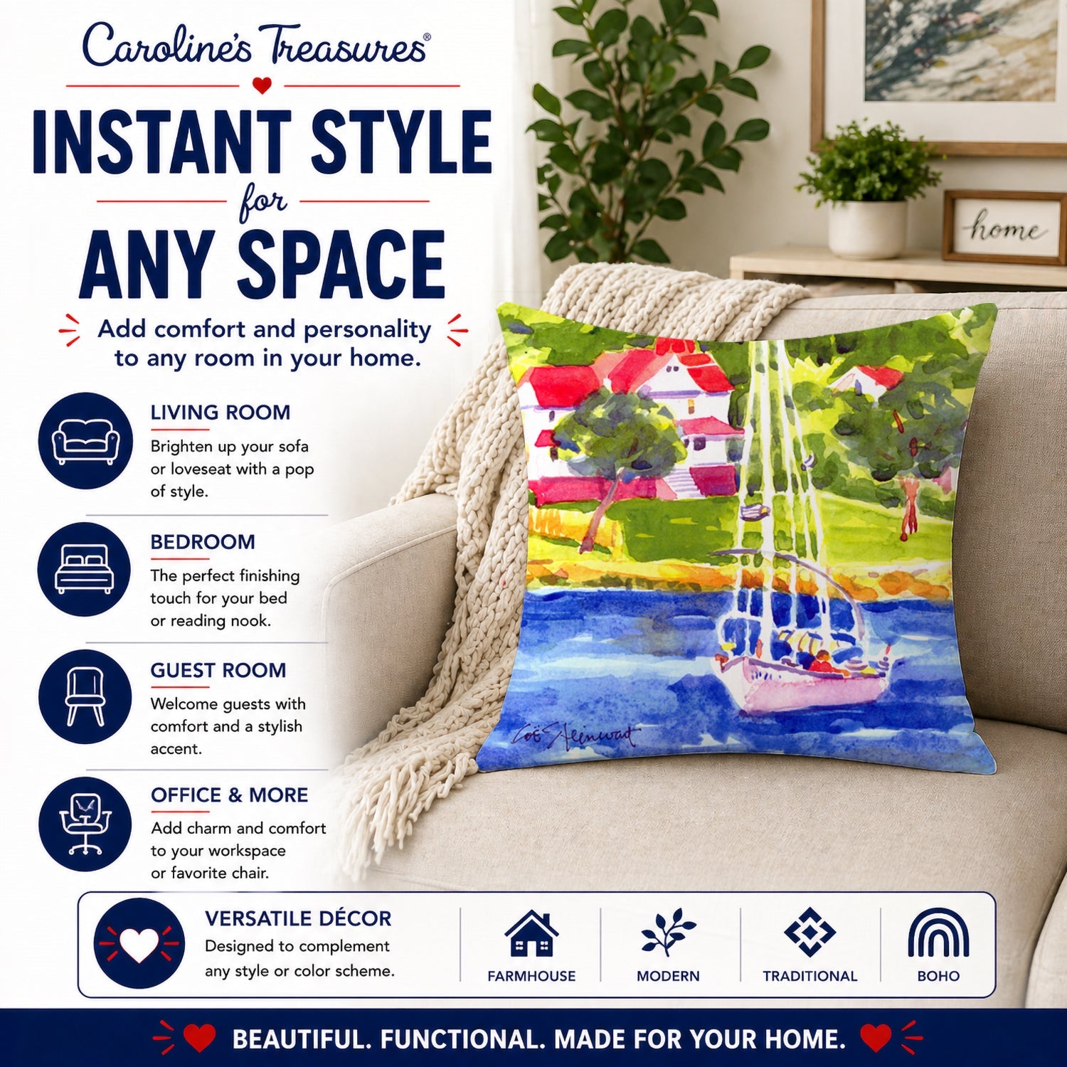 Sailboat on the lake Decorative Throw Pillow 14x14 Indoor Outdoor Accent Cushion, Fabric Cover with Insert for Sofa, Bed, Porch & Living Room