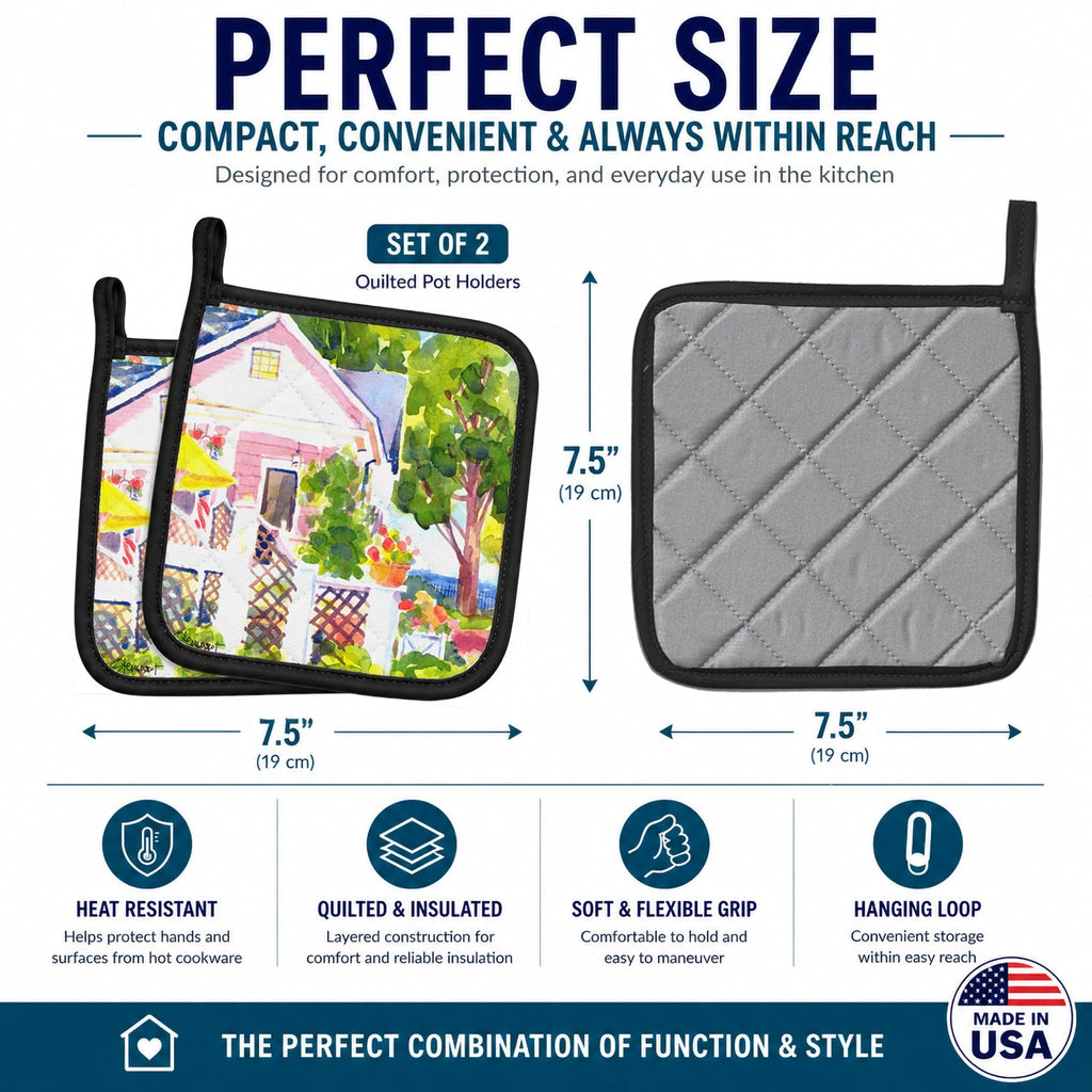 White Cottage at the beach Pot Holder Set of 2 Heat Resistant Quilted Hot Pads 7.5 x 7.5 Inch, Insulated Kitchen Trivets for Cooking & Baking
