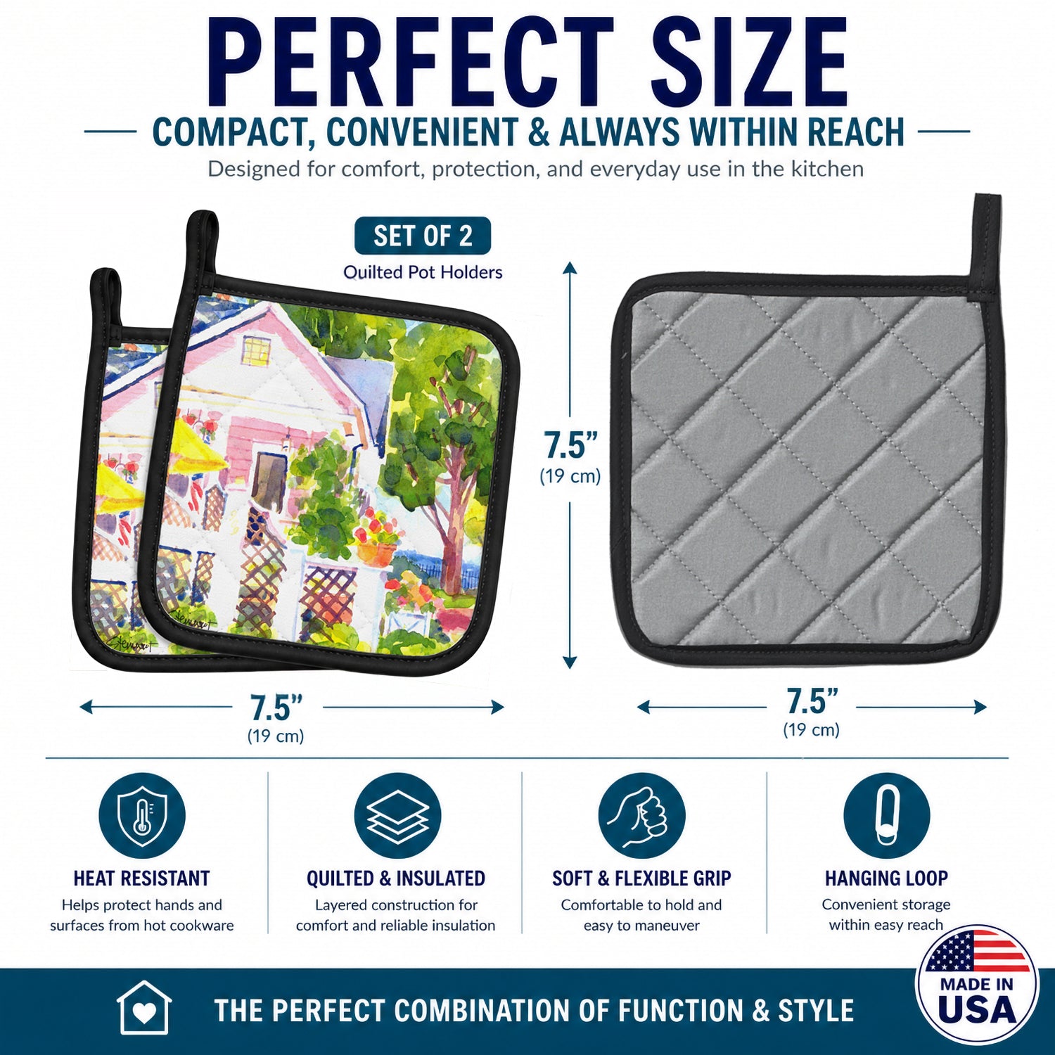 White Cottage at the beach Pot Holder Set of 2 Heat Resistant Quilted Hot Pads 7.5 x 7.5 Inch, Insulated Kitchen Trivets for Cooking & Baking