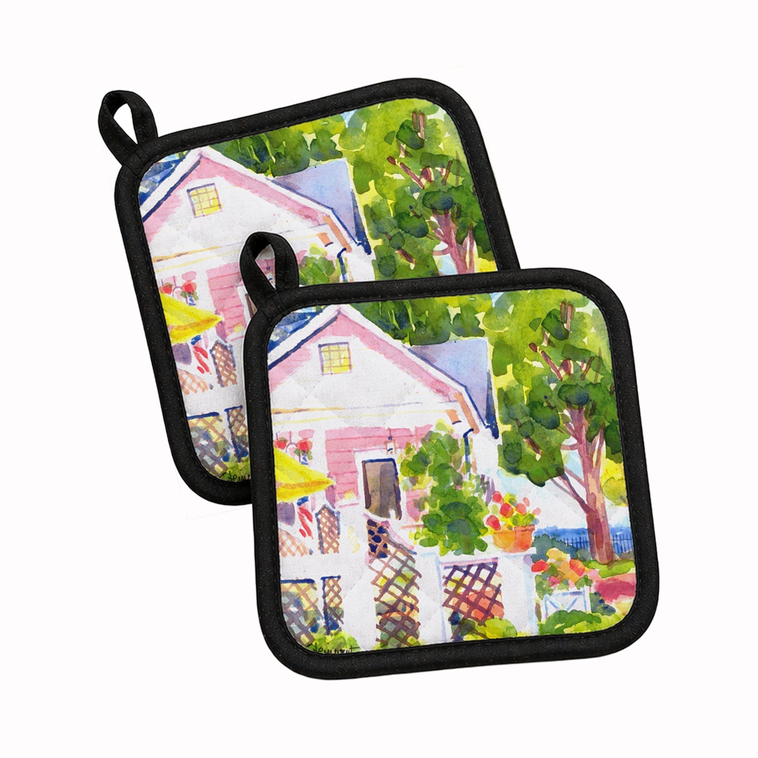 White Cottage at the beach Pot Holder Set of 2 Heat Resistant Quilted Hot Pads 7.5 x 7.5 Inch, Insulated Kitchen Trivets for Cooking & Baking